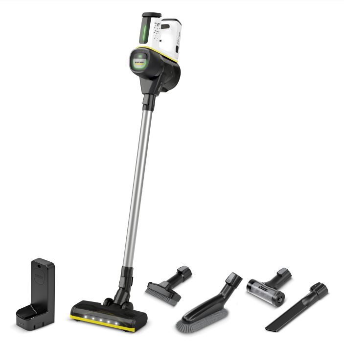 Aksesuarlı kablosuz elektrikli süpürge. Gümüş gövde, siyah detaylar ve sarı vurgular. Aksesuarlar dahil.