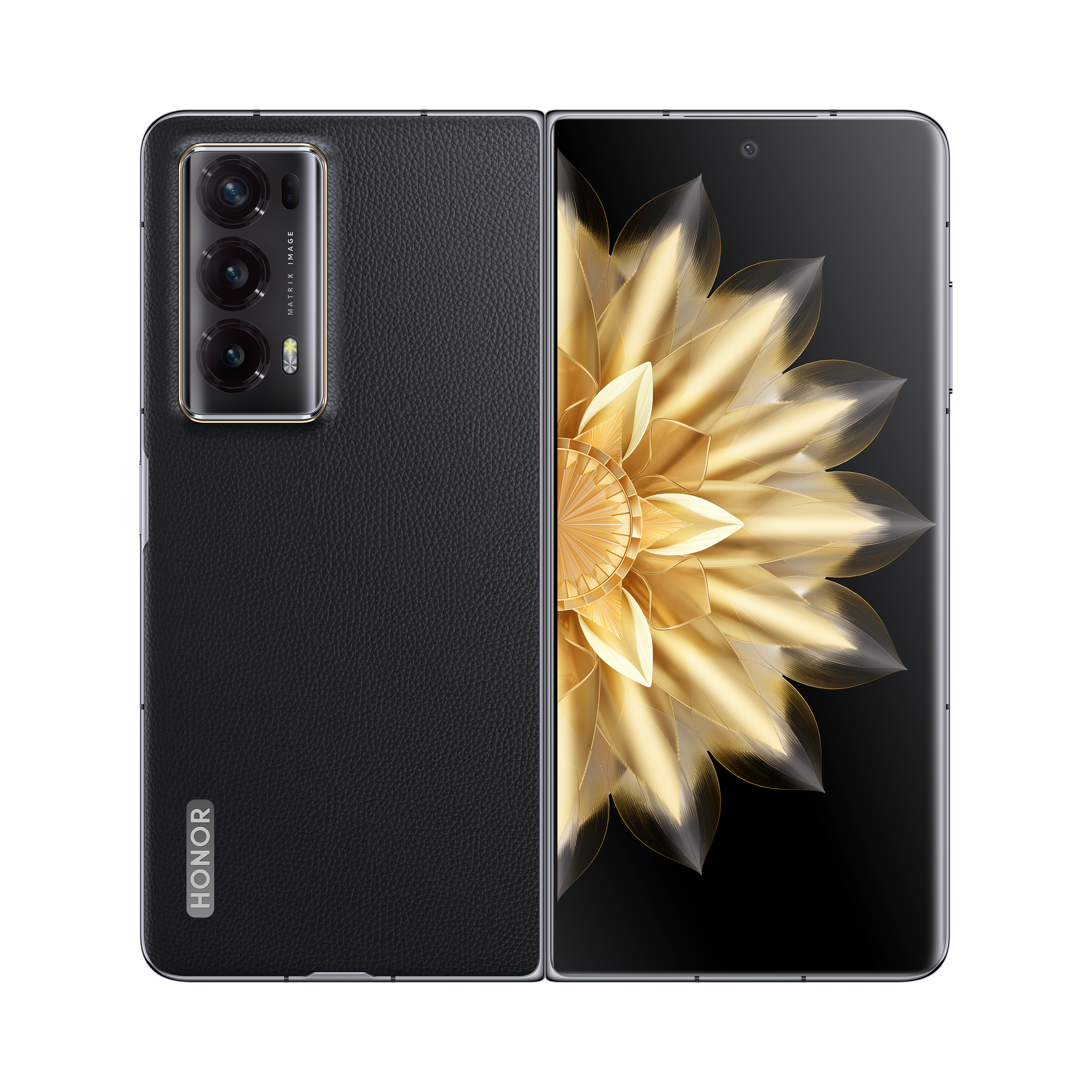 Schwarzes faltbares Telefon mit Dreifachkamera und goldenem Blumendisplay. Das Telefon ist offen.