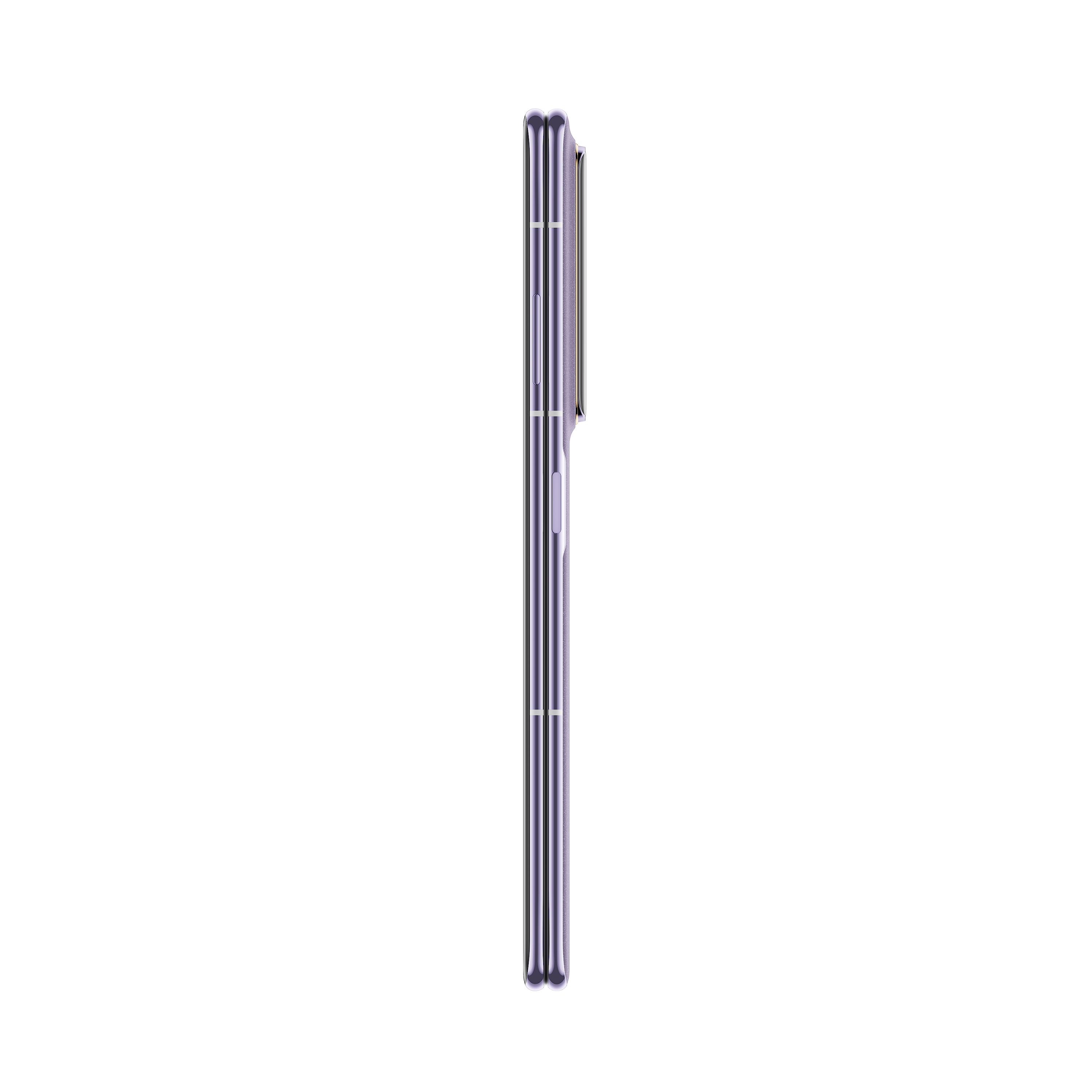 Seitenansicht eines Telefons, es ist metallisch mit einem violetten Farbton und zeigt seine Länge.
