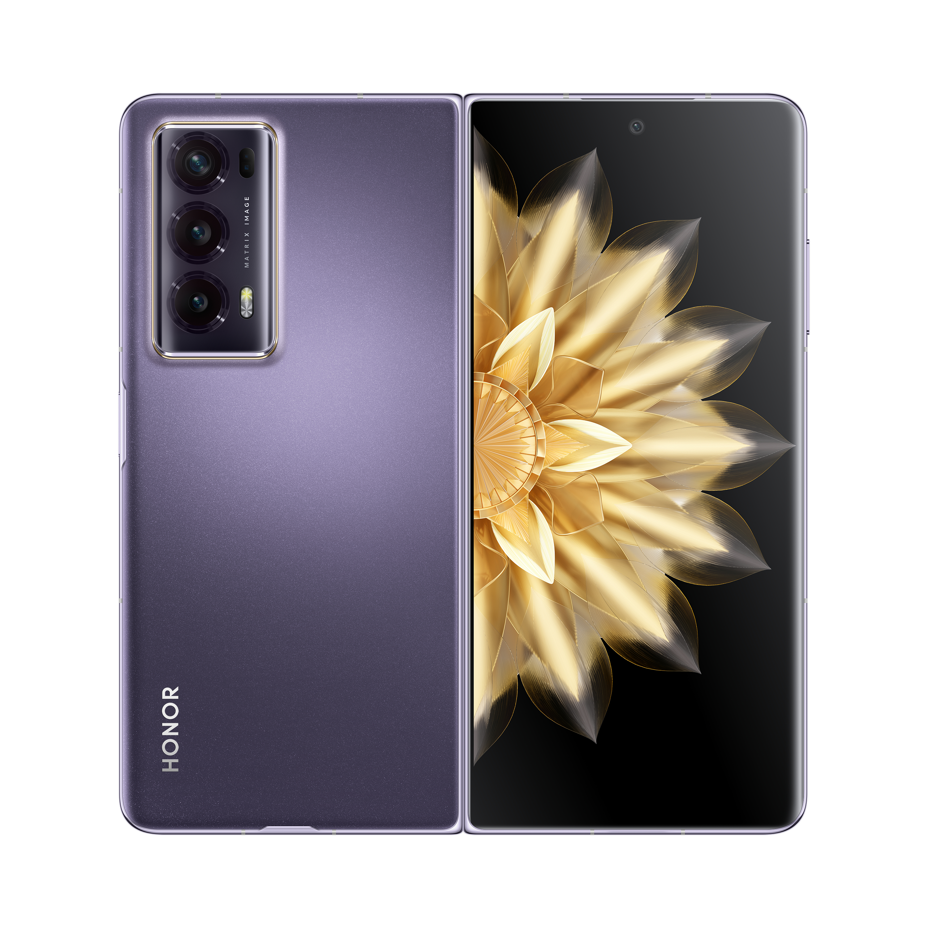 Faltbares lila Smartphone mit Dreifachkamera und großem Display.