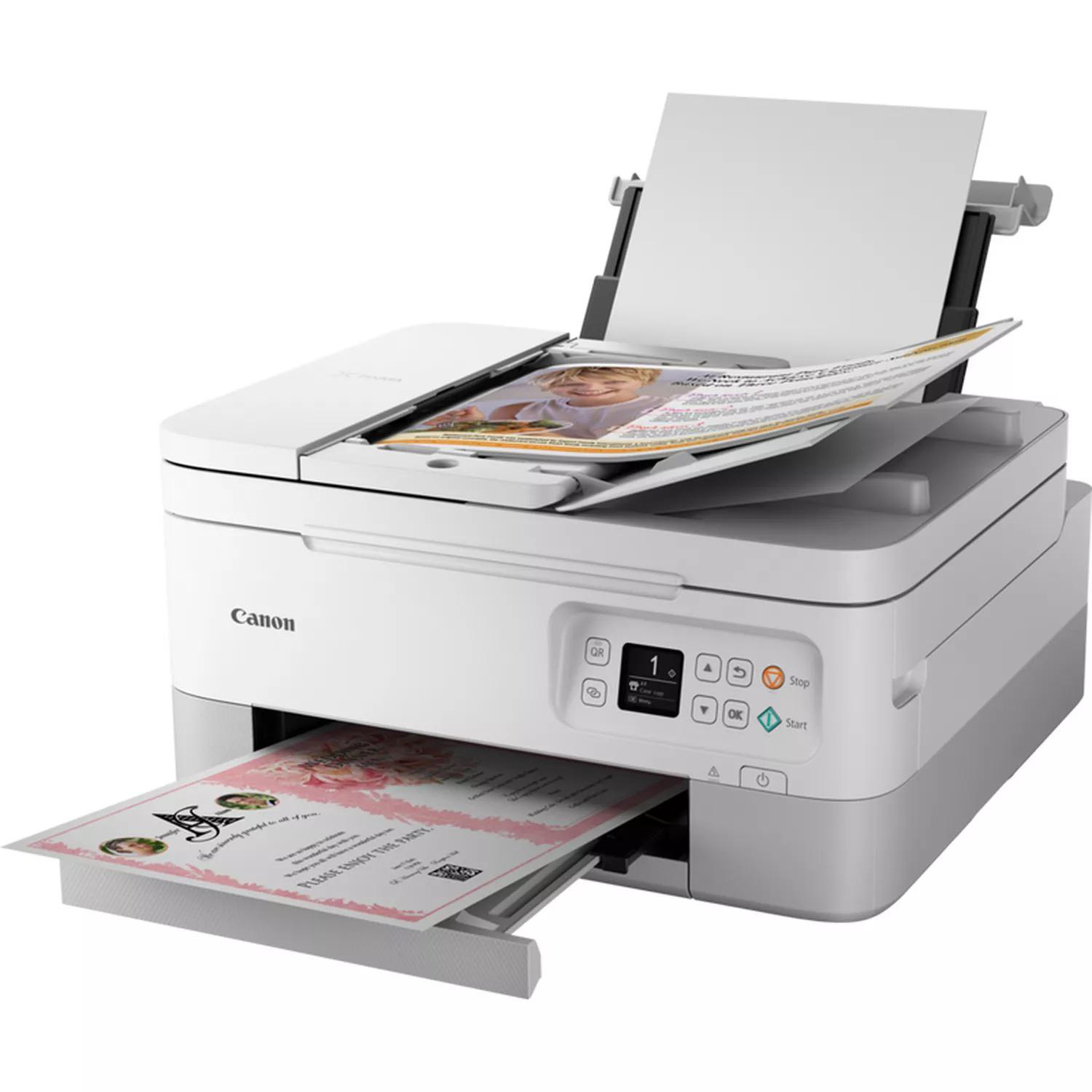 Ein weißer Canon-Drucker druckt zwei Papierbögen.