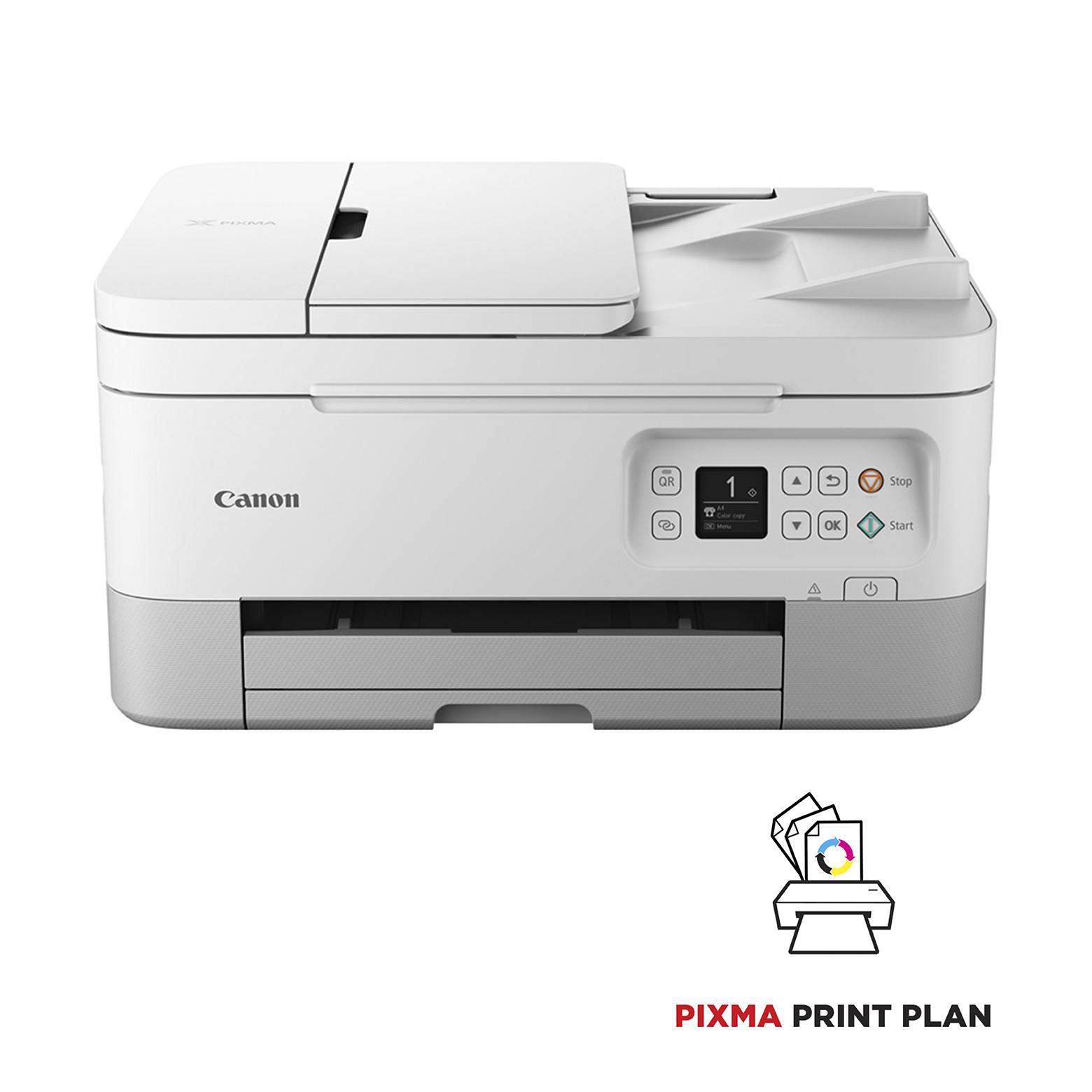 Canon-Drucker. Weißes und graues Design. Der Drucker hat ein Bedienfeld und ein Papierfach.