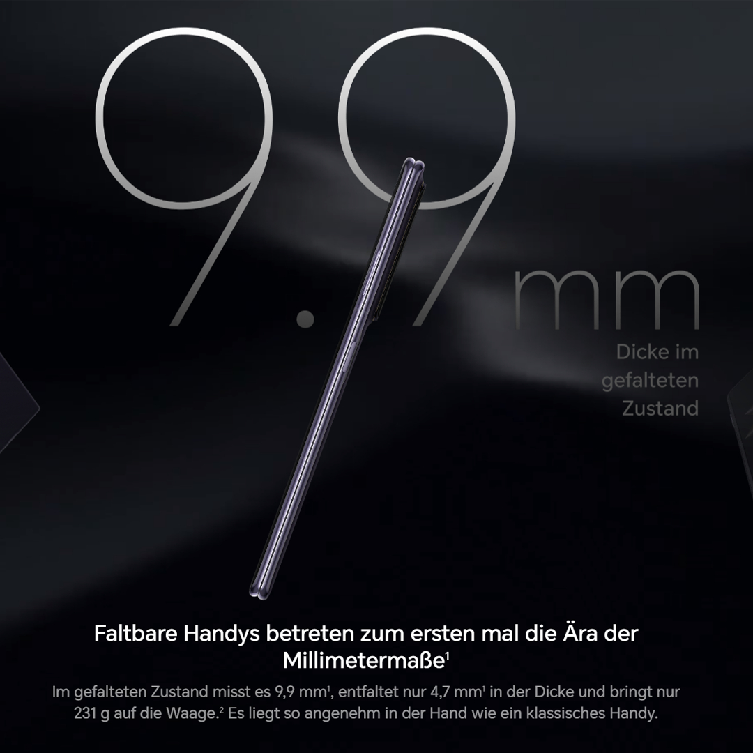 Ein dunkles Telefon mit dem Text "9,9 mm" und einer Beschreibung zum Falten.
