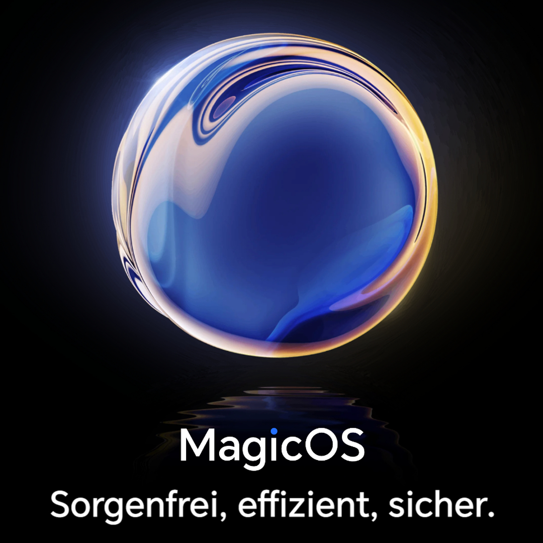 Eine blaue und goldene Blase mit dem Text MagicOS und Slogan, die sich auf einer dunklen Oberfläche spiegelt.