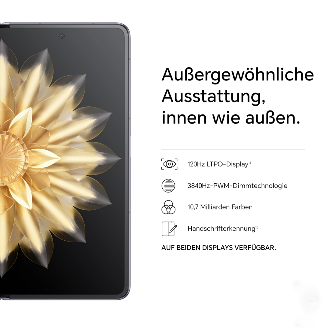 Ein Smartphone mit floralem Design auf der Rückseite. Text: Außergewöhnliche Ausstattung, innen wie außen.