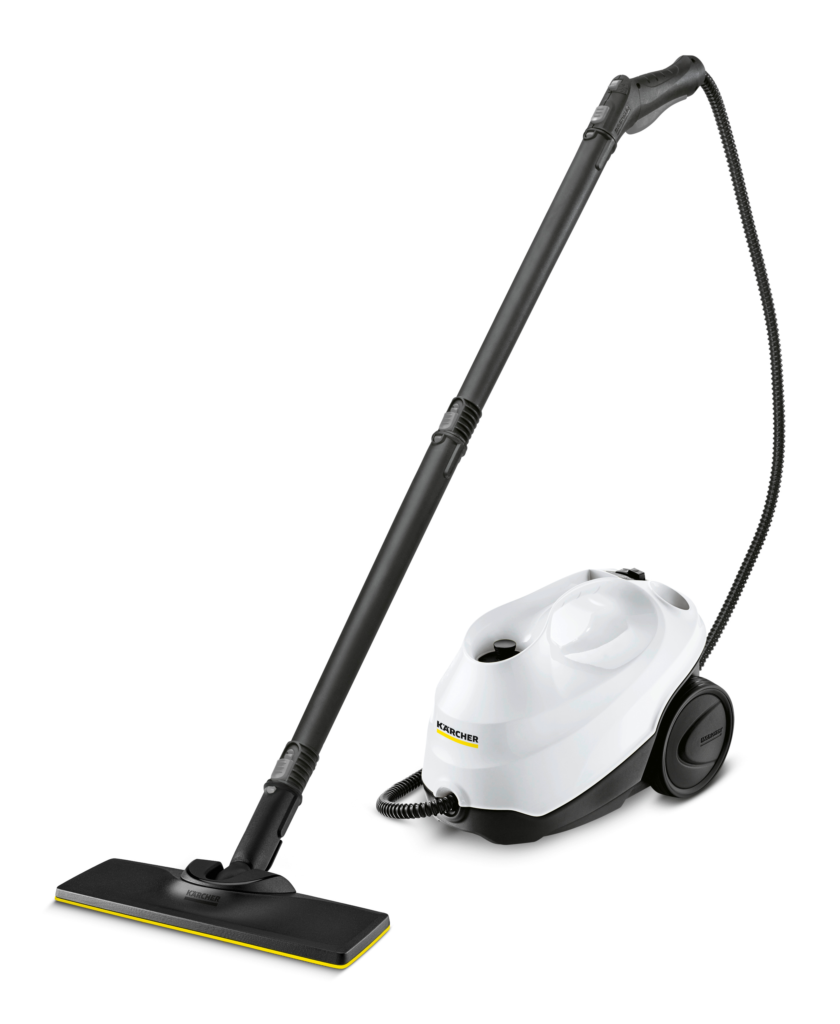 Beyaz ve siyah Karcher buharlı temizleyici. Tutamak siyah, taban beyaz.