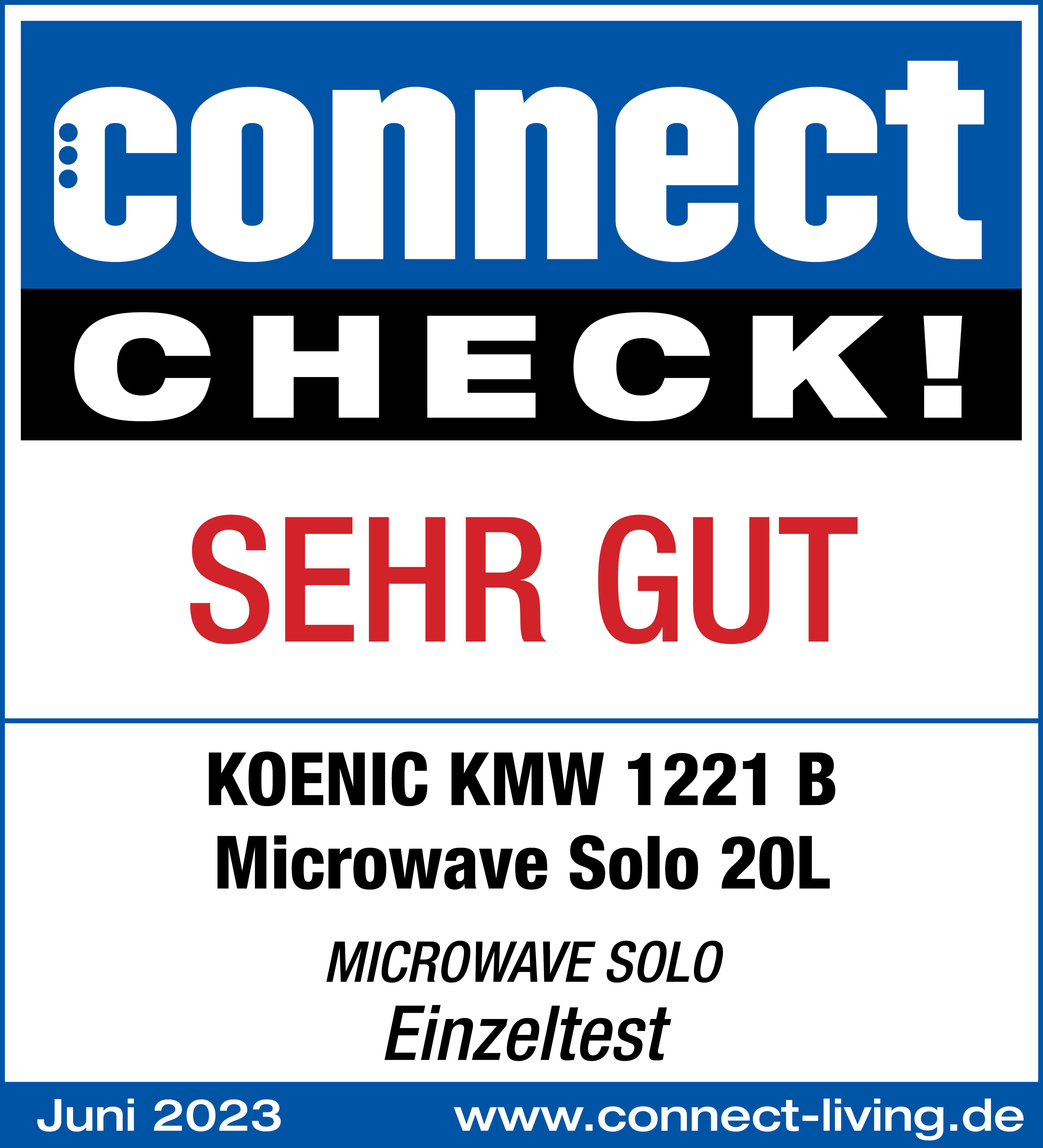 Ein Produktbewertungslabel mit dem Text 'connect CHECK! SEHR GUT' und Produktdetails.