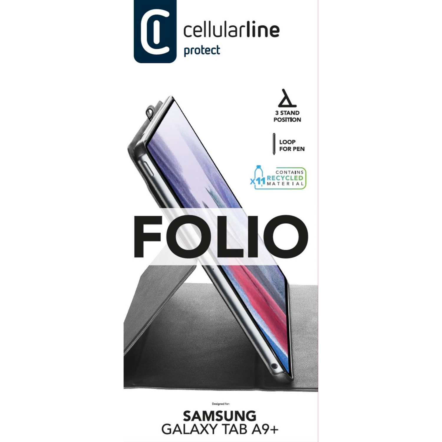 Cellularline folio hoes voor Samsung Galaxy Tab A9+. Zwarte hoes met een tablet.