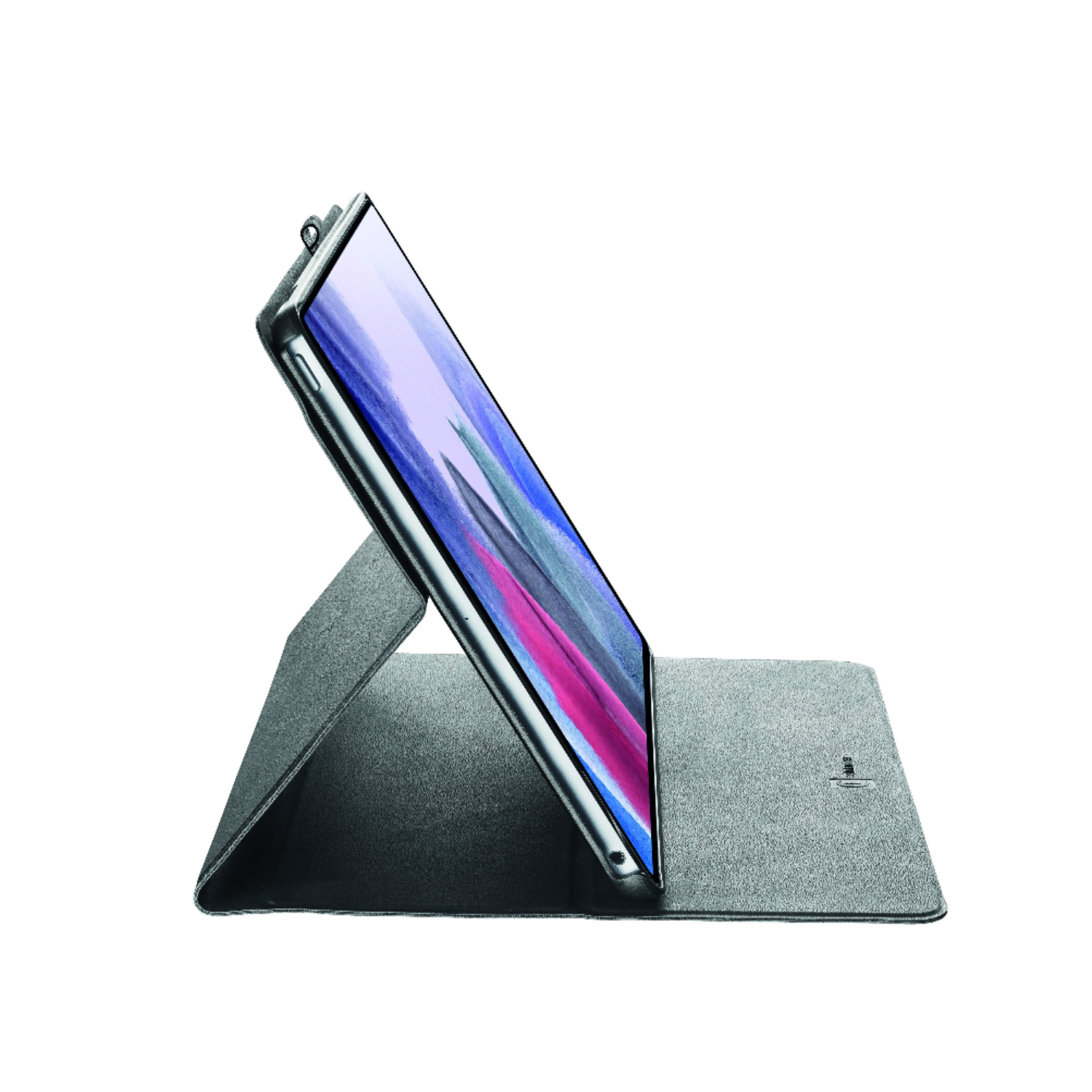 Grijze tablet in een hoes, lichtjes gekanteld. De hoes fungeert als standaard en toont het scherm.