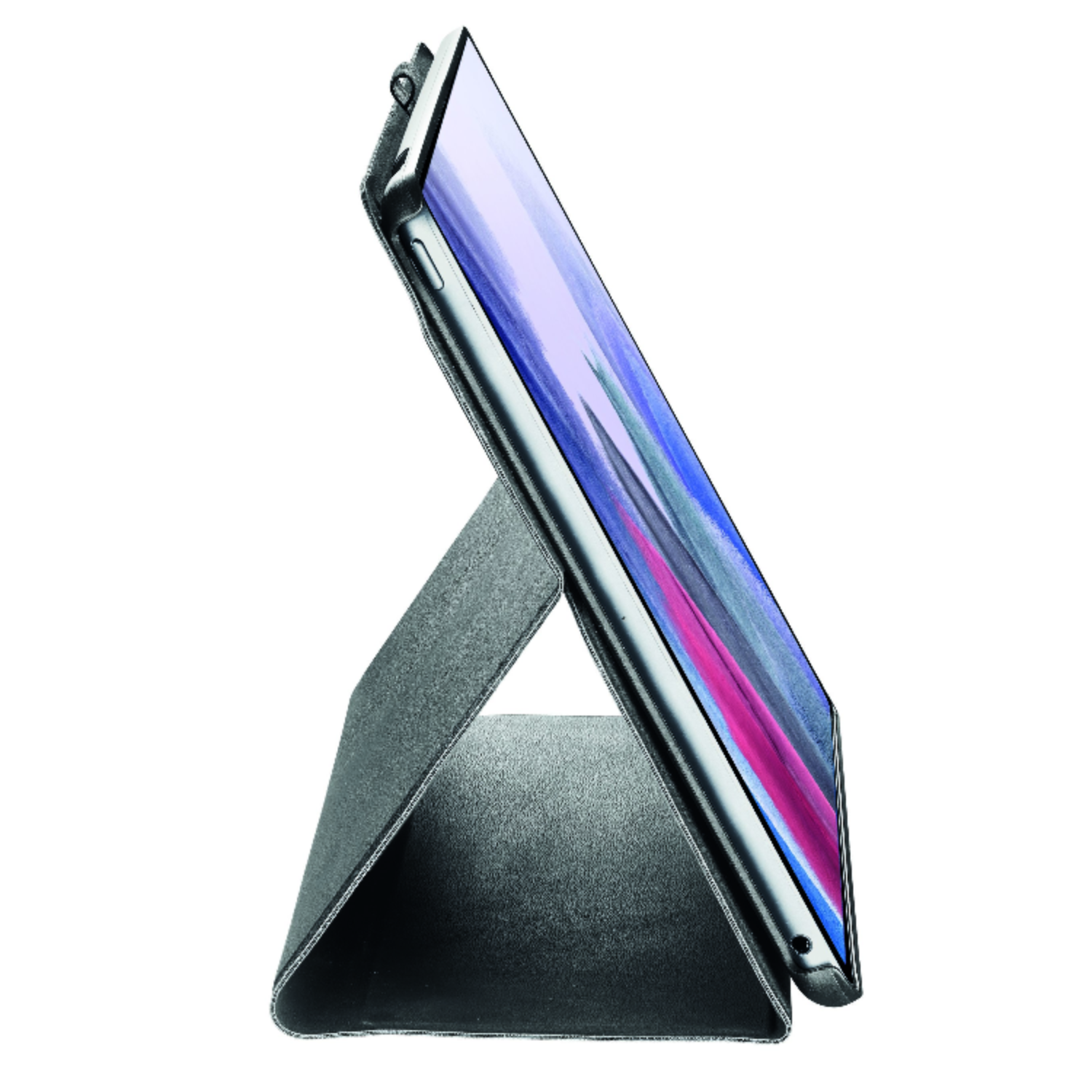 Een tablet met een grijze hoes staat in een standaard.