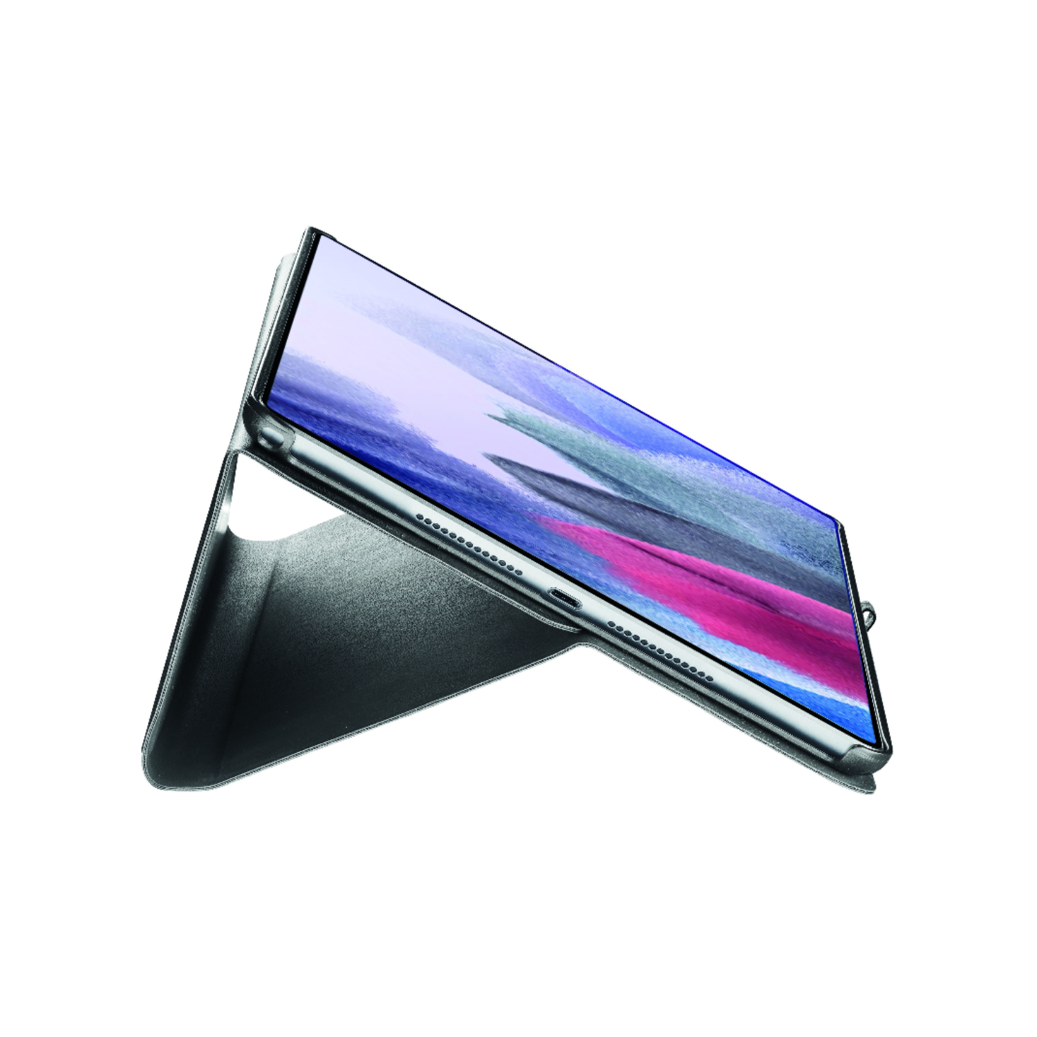 Tablet in een hoes, schuine weergave. Het scherm toont een abstract schilderij.