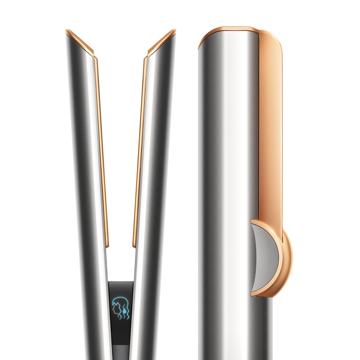Hair straightener, silver and rose gold. Two parts, one with a blue light indicator. White background.