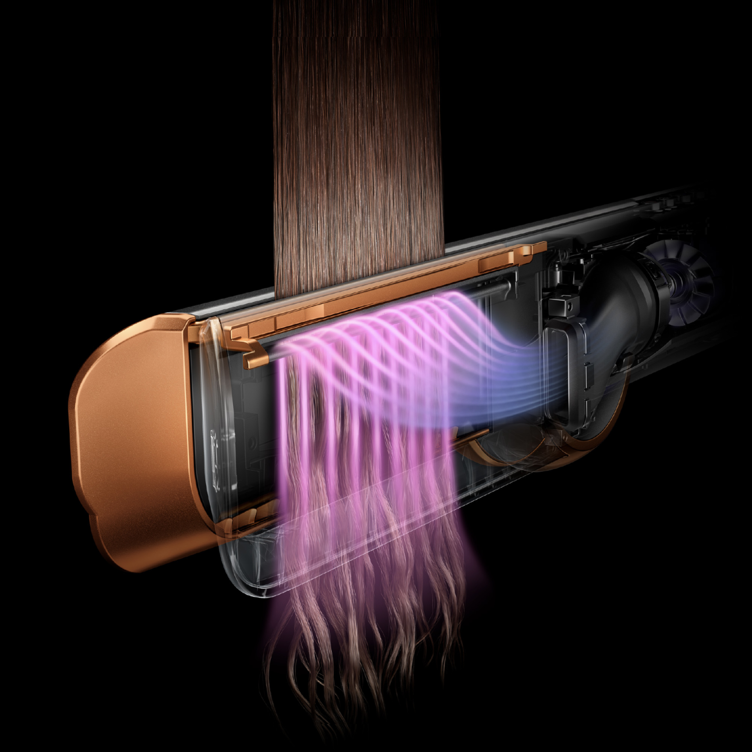 Hair straightener in action. Hair is between the plates. Pink light is visible.