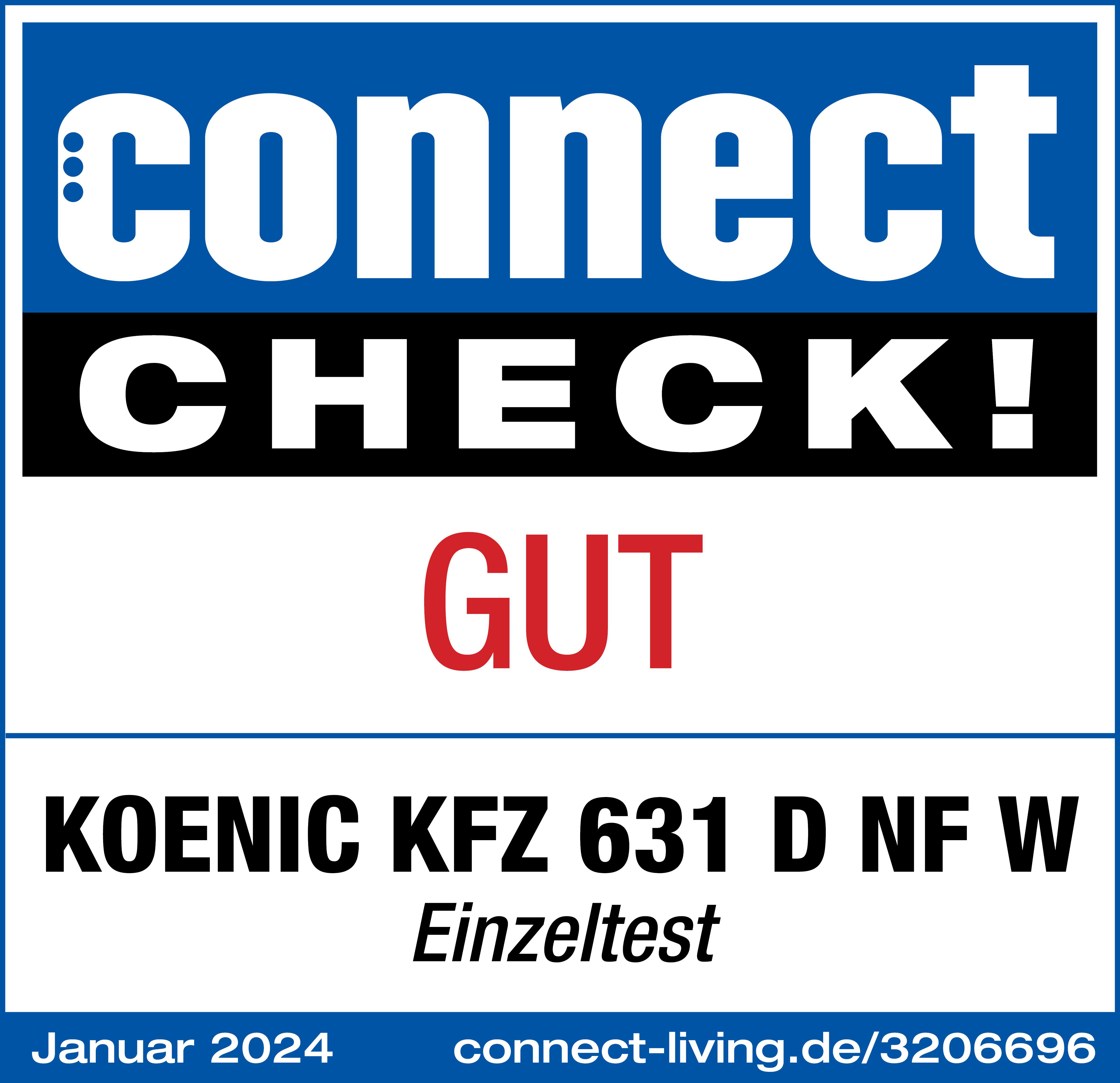 Connect Check! Logo. Text 'GUT' in Rot. Koenic KFZ 631 D NF W. Januar 2024.