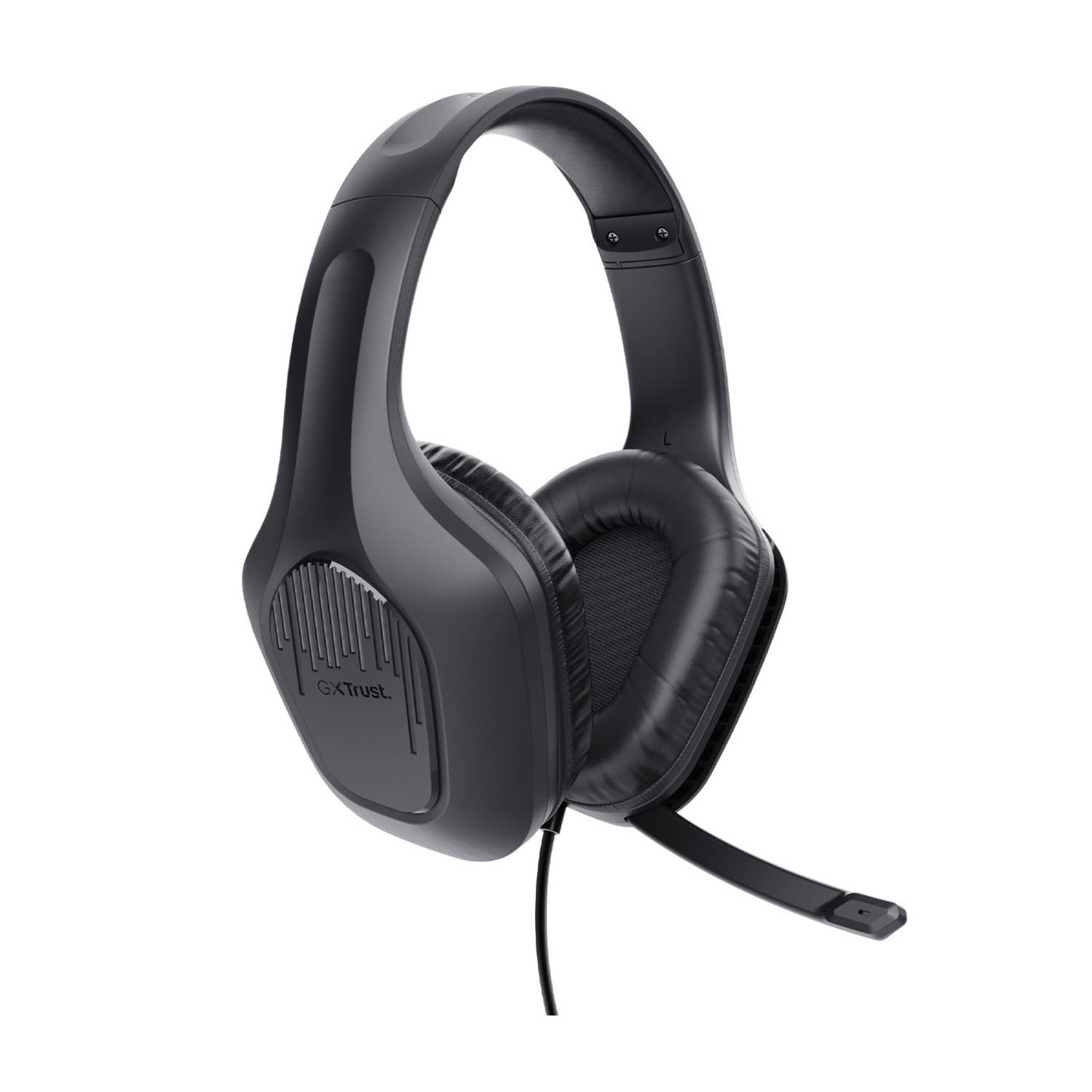 Un auricolare GX Trust nero, con padiglioni auricolari, un microfono e un cavo di collegamento.