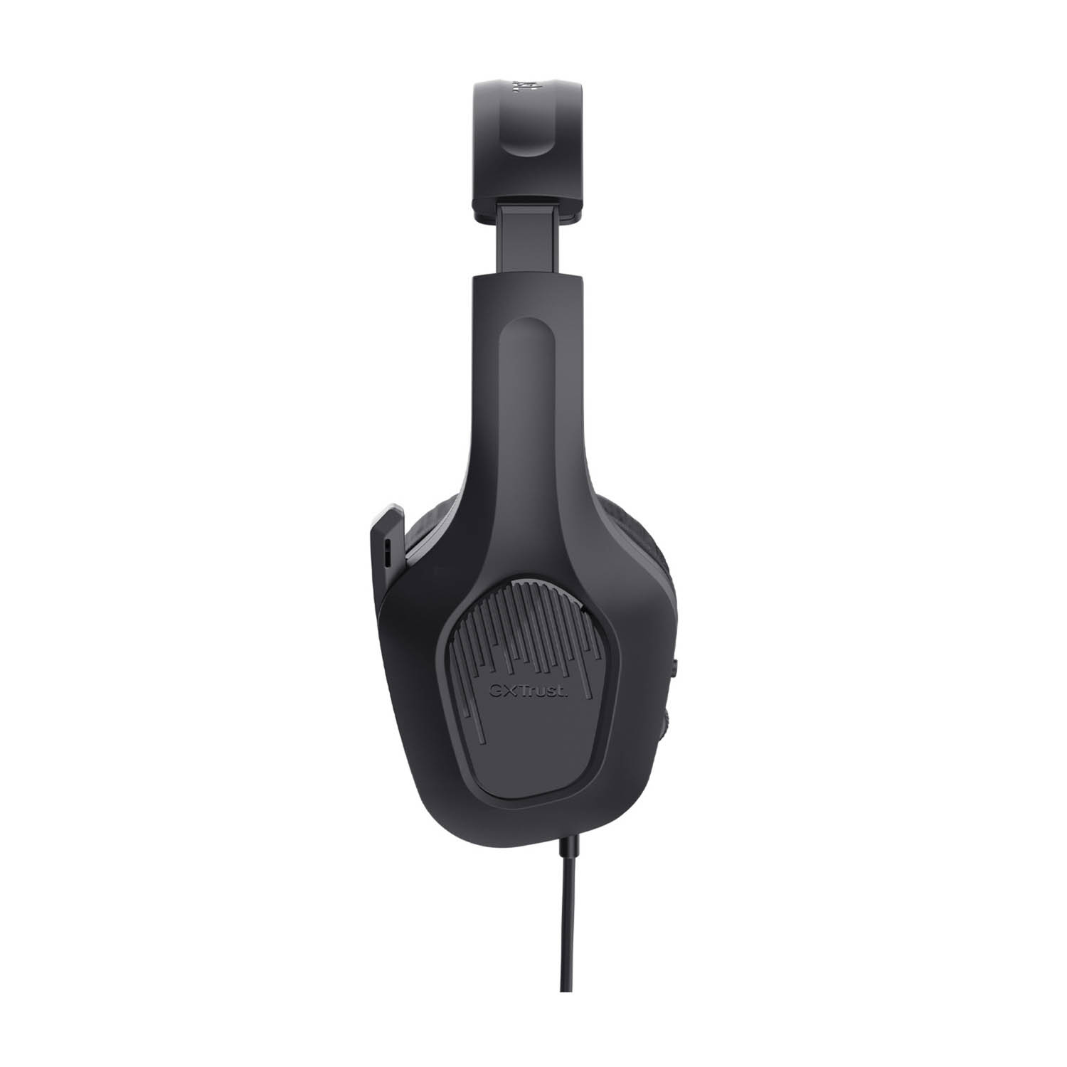Cuffie da gioco nere con microfono. Le cuffie sono viste di lato.