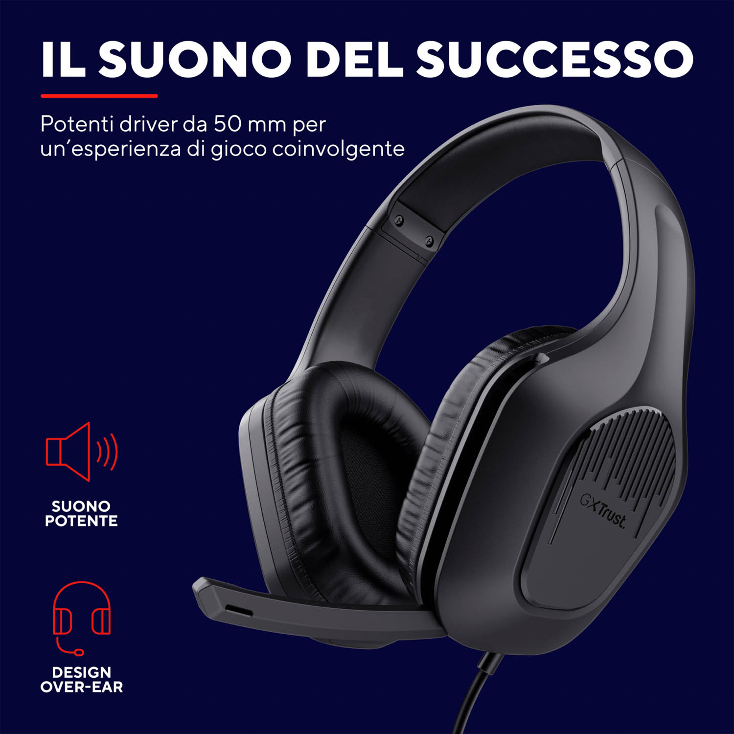 Cuffie da gioco nere con microfono. Le cuffie si trovano su uno sfondo blu e nero.