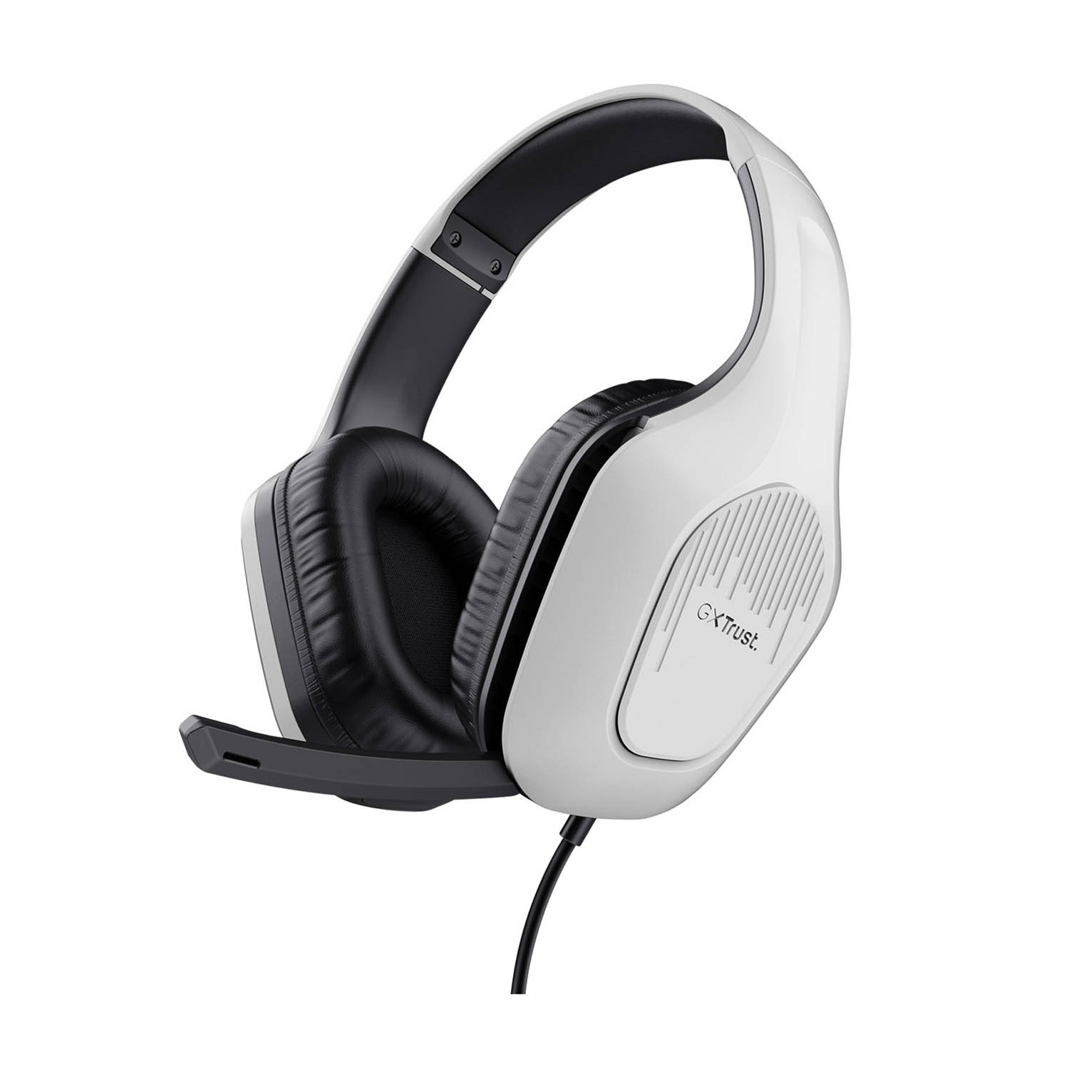 Cuffie da gaming bianche con padiglioni neri e microfono. Cavo nero in uscita.