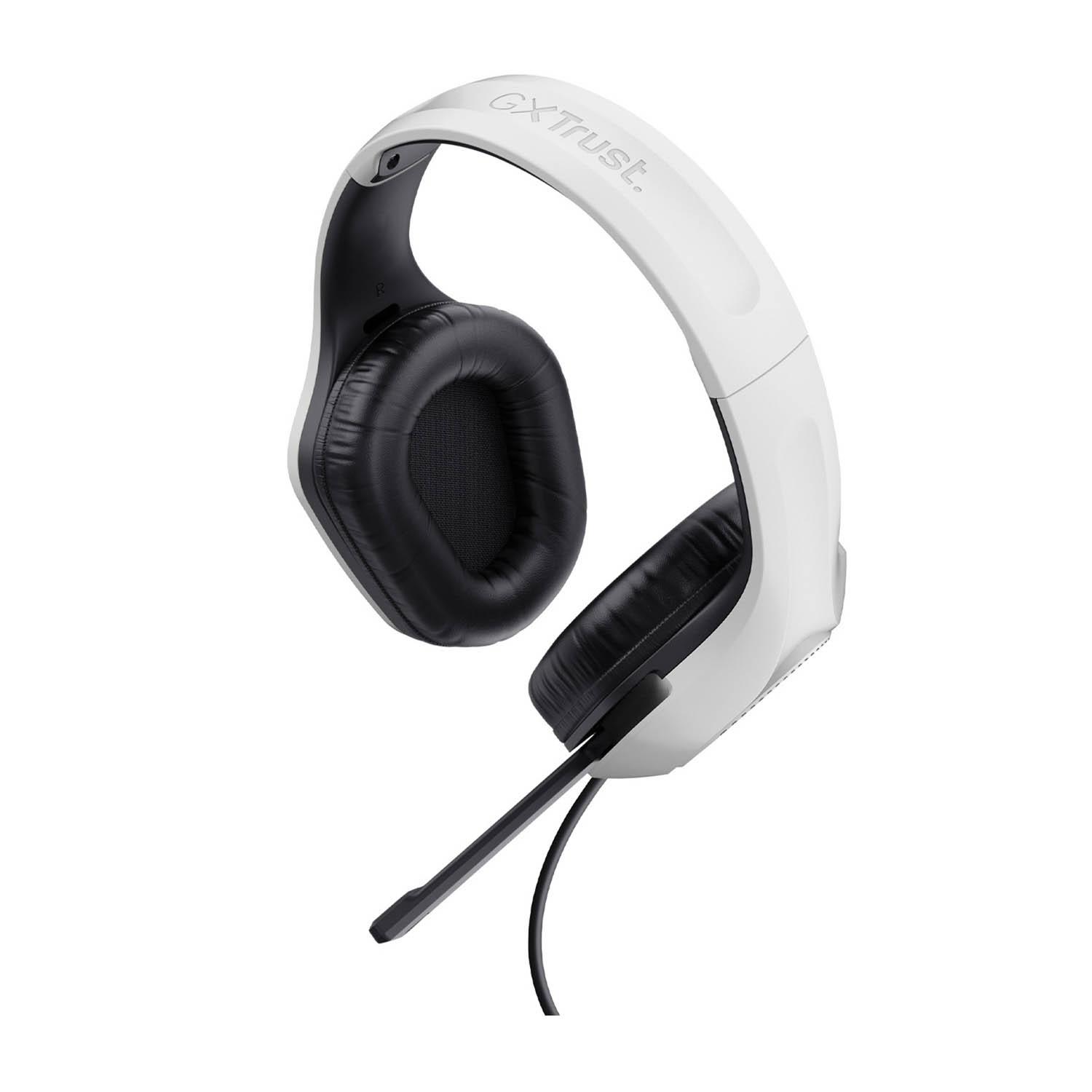 Cuffie bianche e nere con microfono. Le cuffie sono su sfondo bianco.