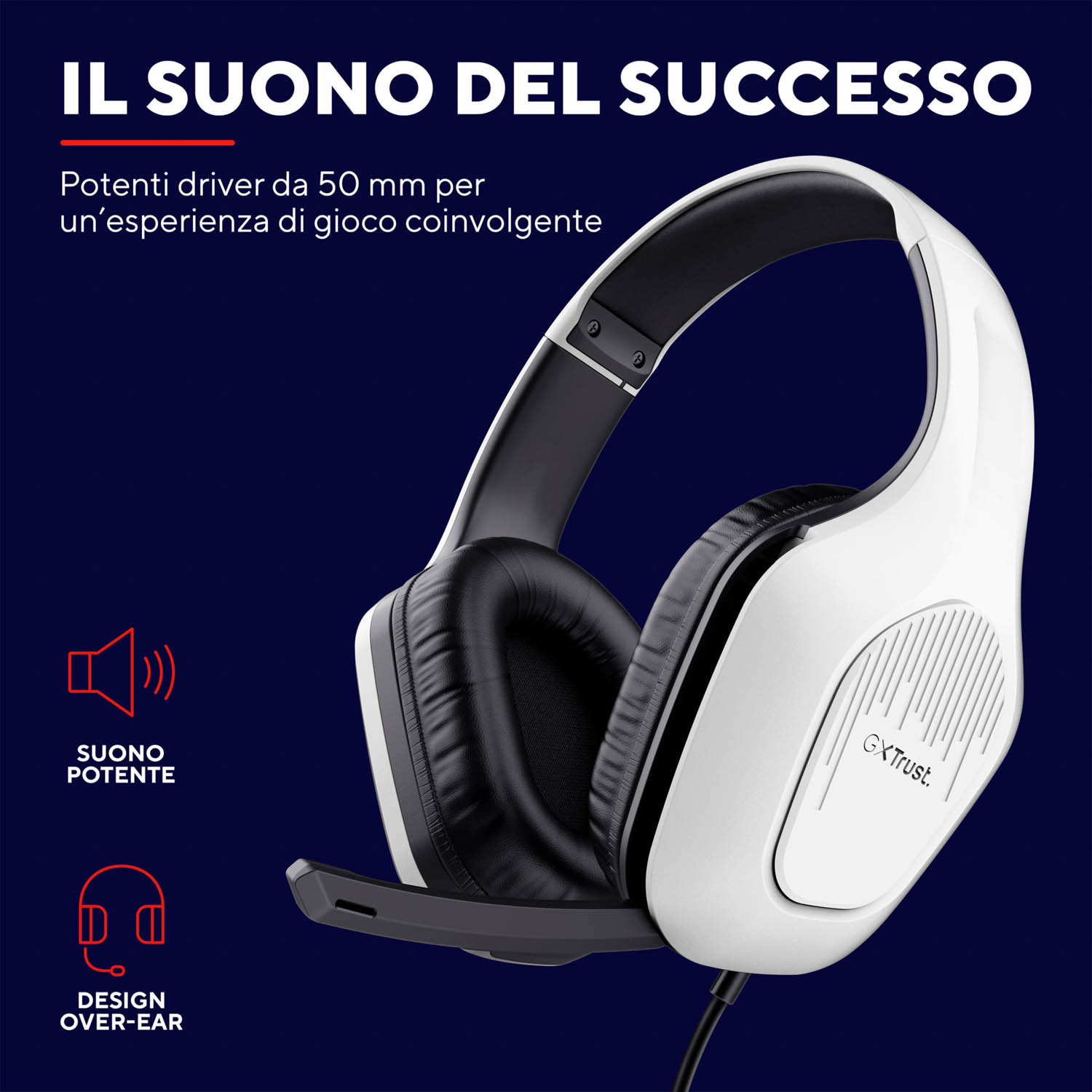 Cuffie da gioco bianche e nere con microfono su sfondo blu.
