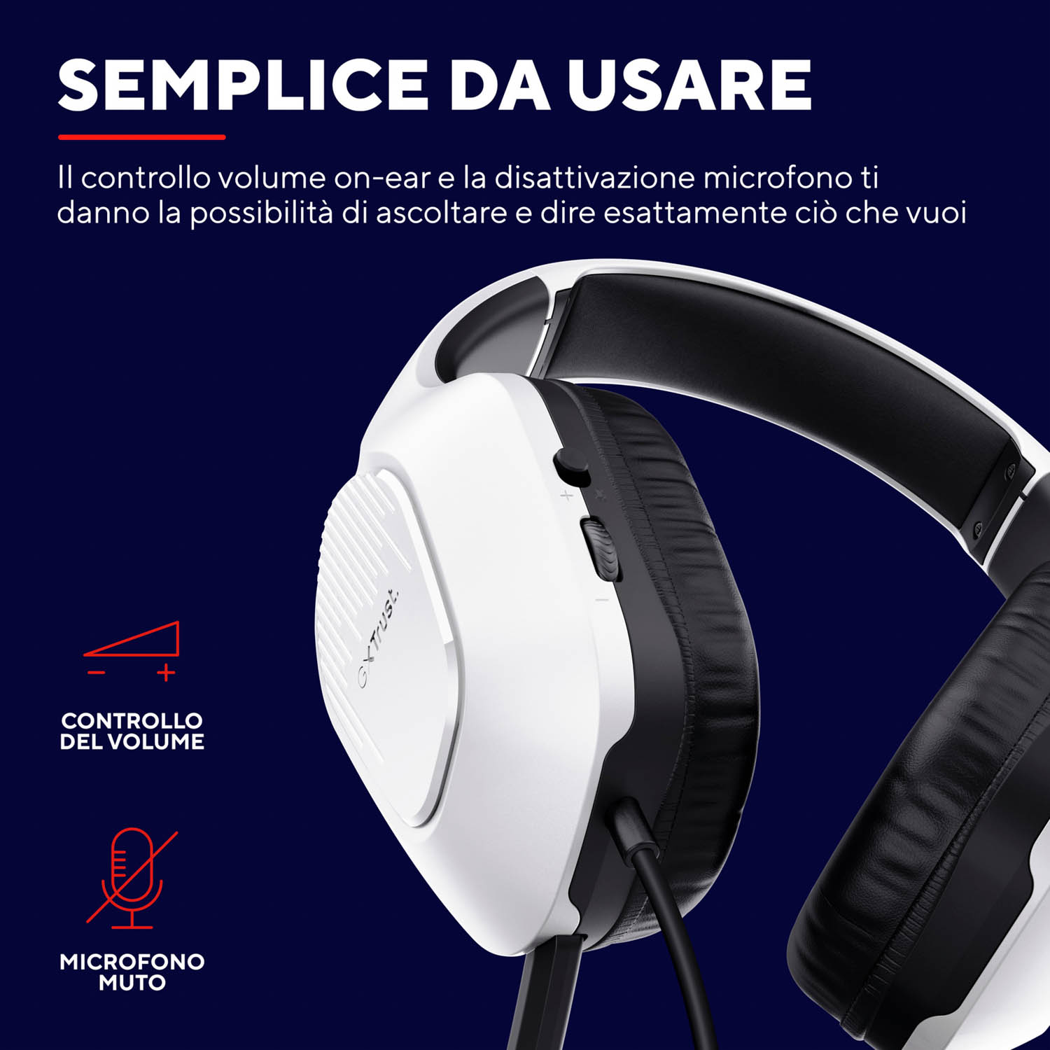 Cuffie bianche e nere con controllo del volume e icone di silenziamento del microfono su sfondo blu.