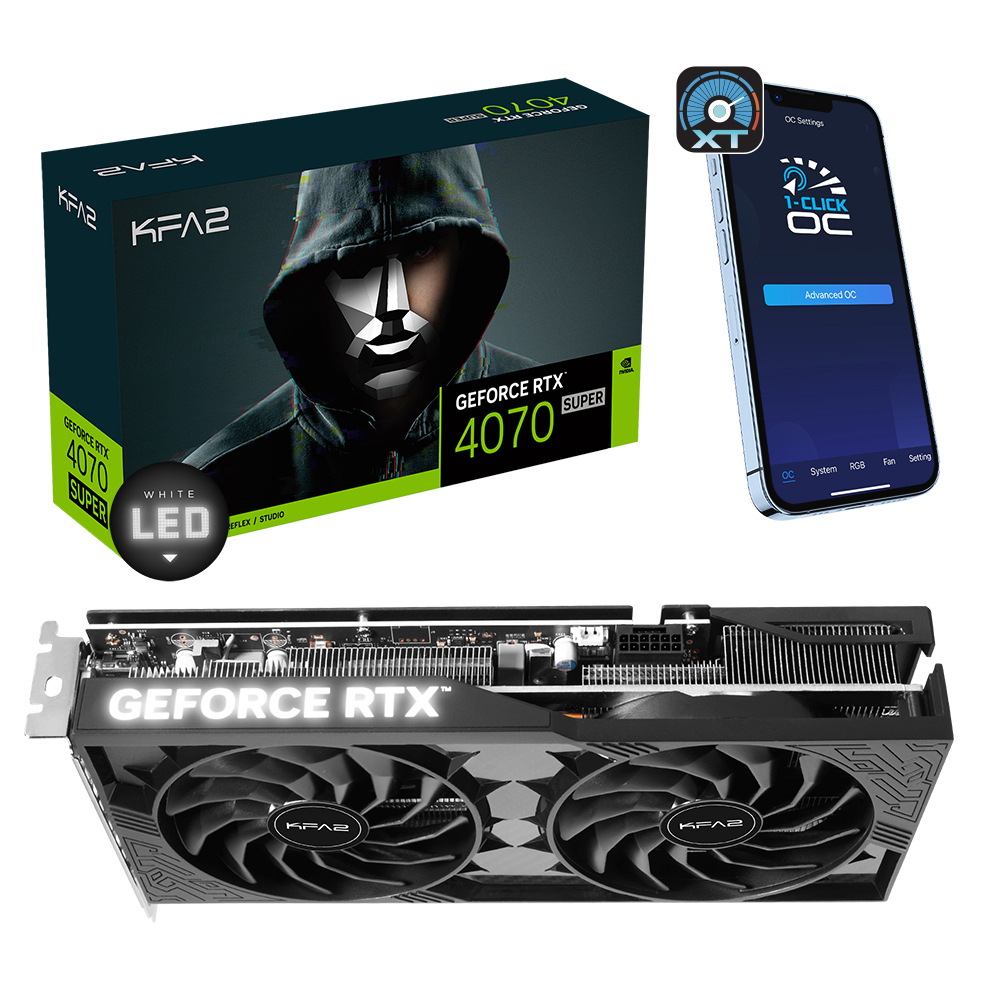 Grafikkarte mit Box, Telefon. Schwarze GPU, silberne Akzente, schwarze Box mit einer Kapuzenfigur.