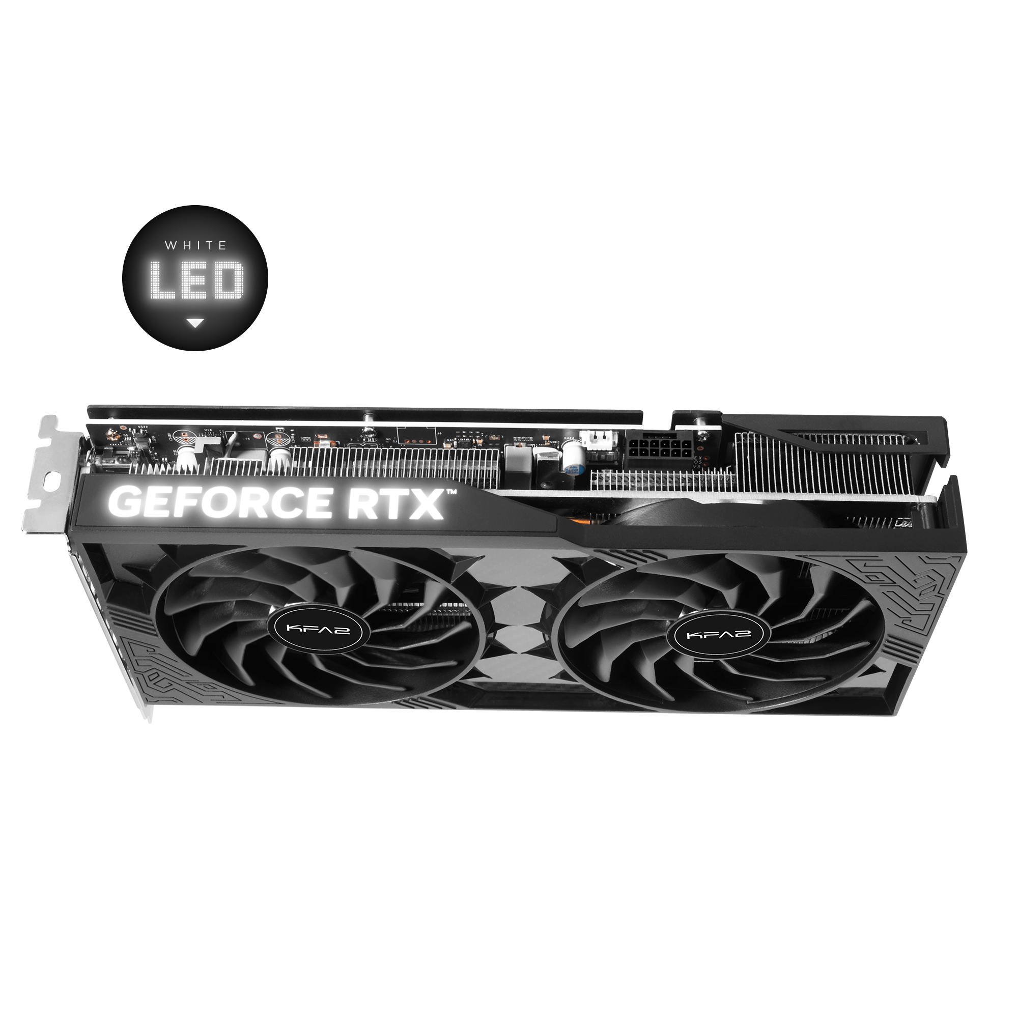 Eine schwarze Grafikkarte mit dem Text 'GEFORCE RTX' und dem Label 'WHITE LED'.
