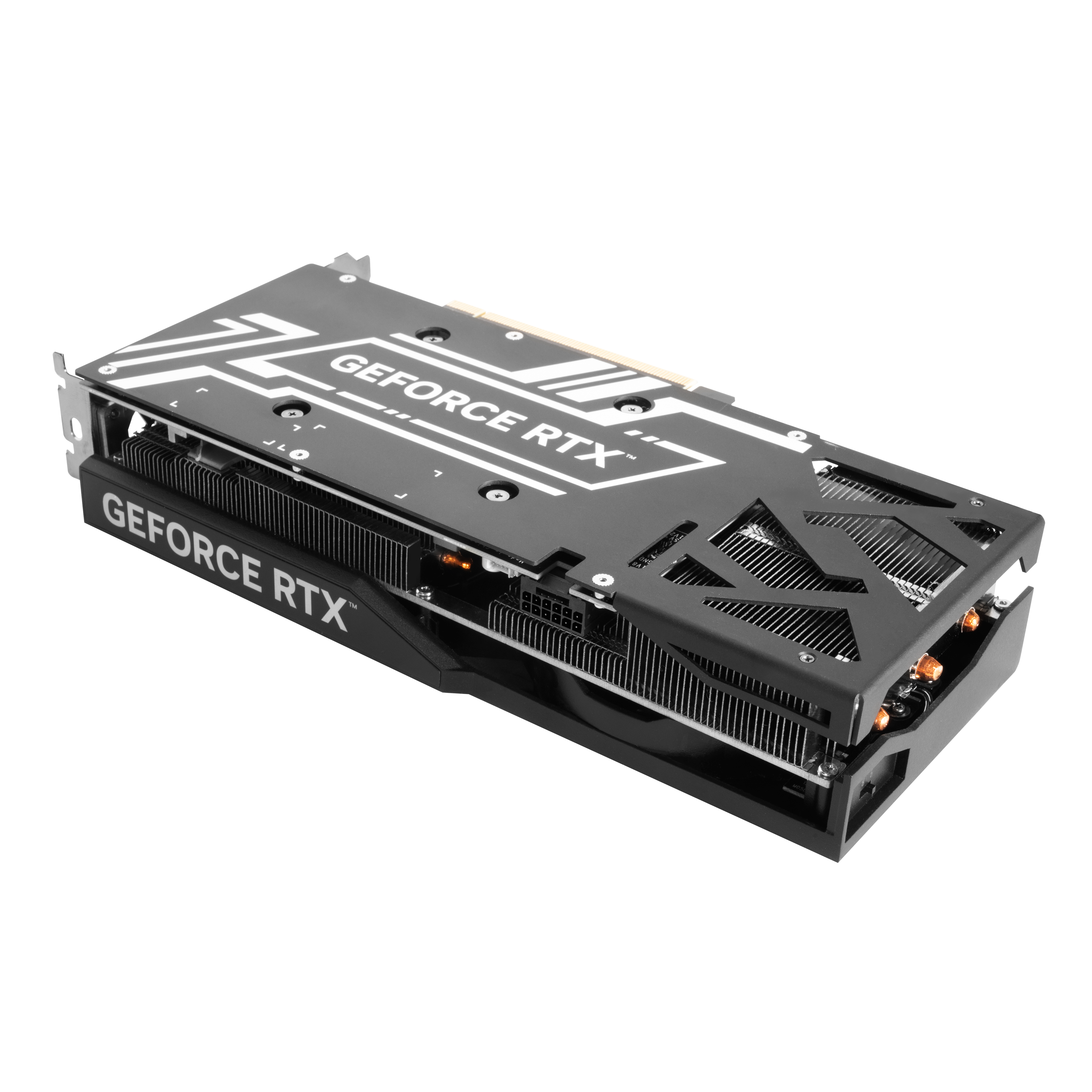 Schwarz-silberne GeForce RTX-Grafikkarte, schräge Ansicht. GeForce RTX-Logo oben.