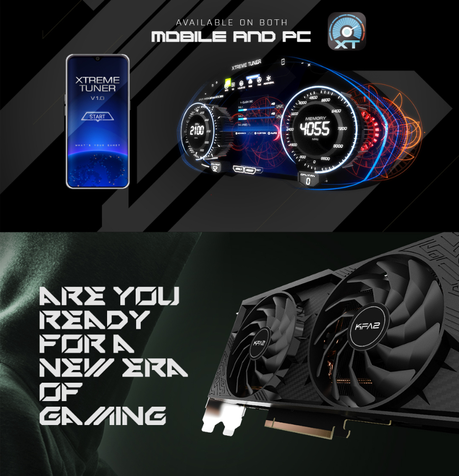 Gaming-Setup mit Telefon, Gaming-Oberfläche und Grafikkarte.
