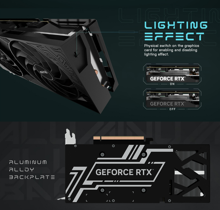 Eine Grafikkarte. Sie hat zwei Lüfter. Der Text auf der Karte lautet GeForce RTX. Es gibt Beschriftungen und Text.