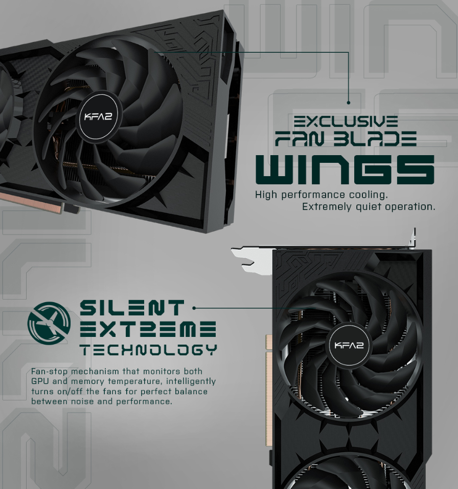 Zwei Nahaufnahmen einer Grafikkarte mit Lüftern. Der Text auf der Karte lautet GeForce RTX.