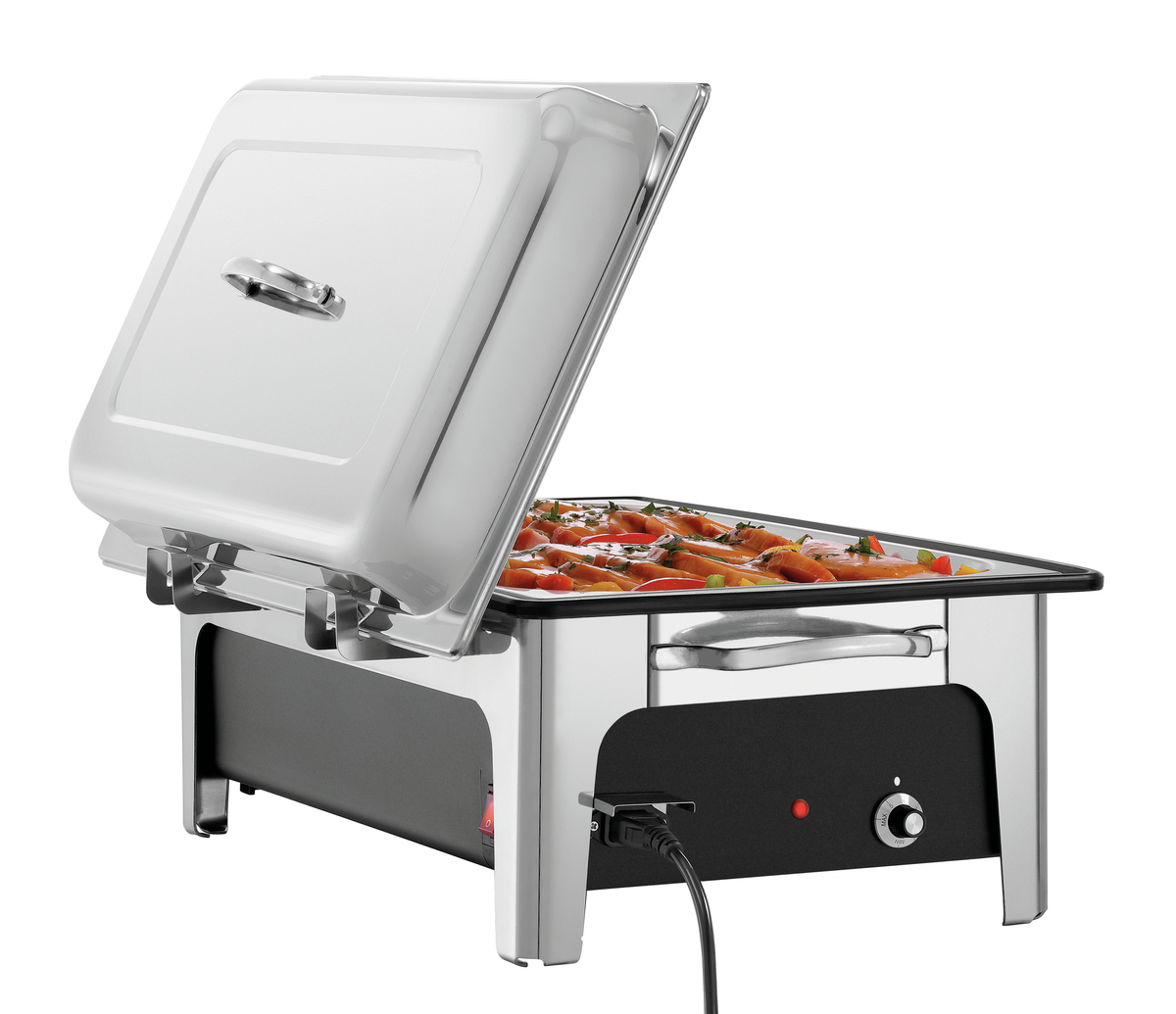 Ein Edelstahl-Chafing-Dish mit geöffnetem Deckel. Essen ist im Inneren sichtbar. Ein Netzkabel ist eingesteckt.