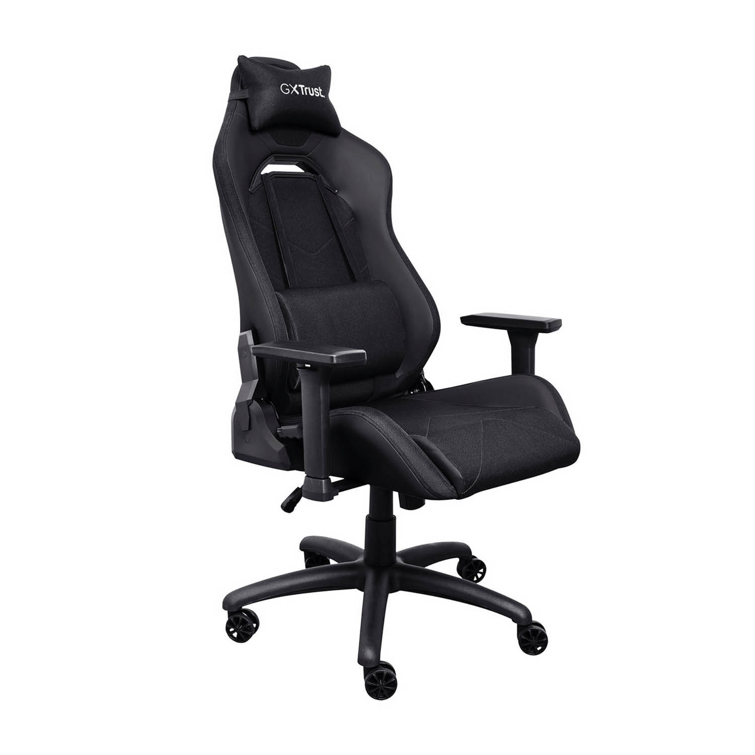 Sedia da gaming nera con poggiatesta, braccioli e ruote. Su sfondo bianco.
