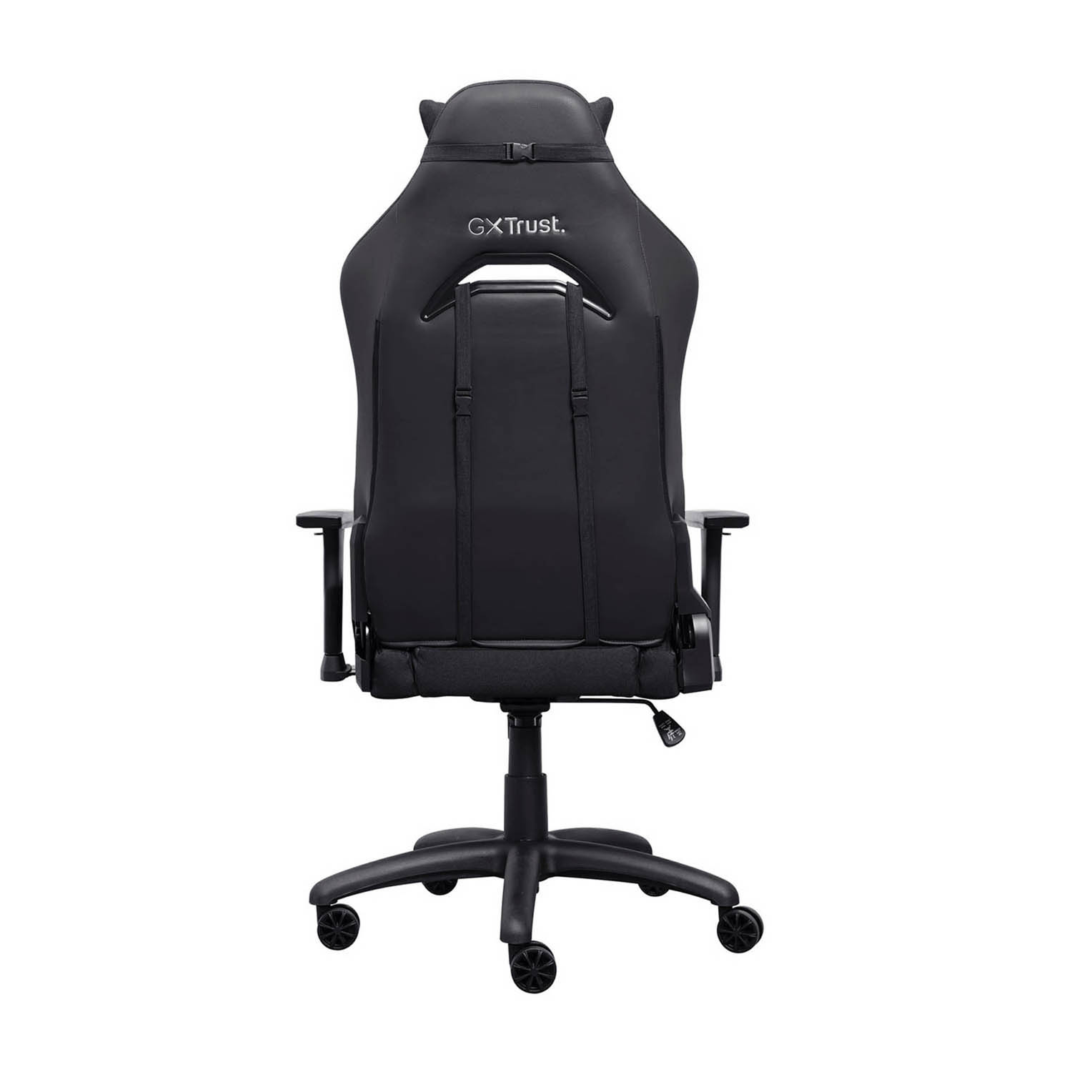 Sedia da gaming nera, vista posteriore, con logo e funzioni regolabili.