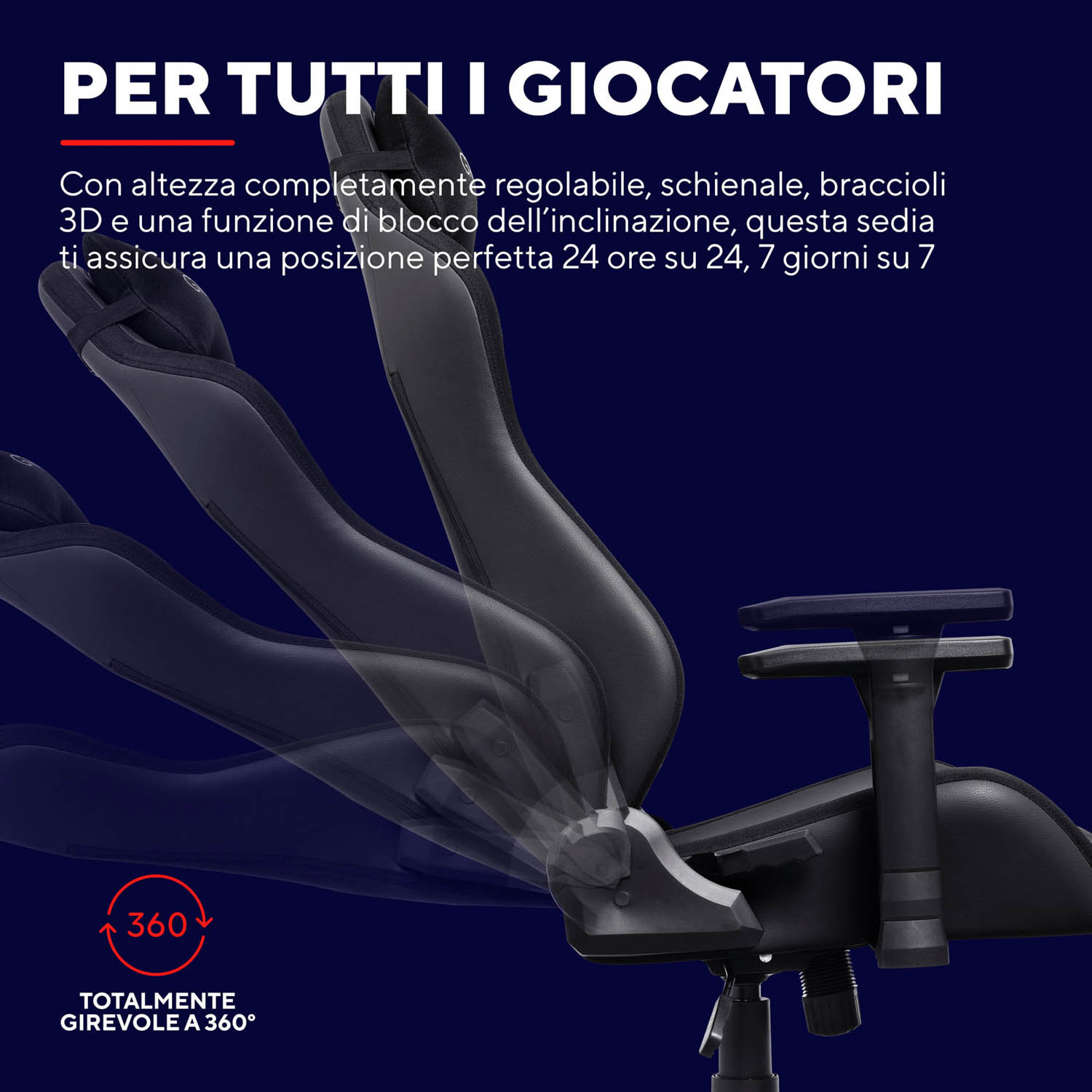 Sedia da gioco nera e grigia con funzioni regolabili e rotazione a 360 gradi.