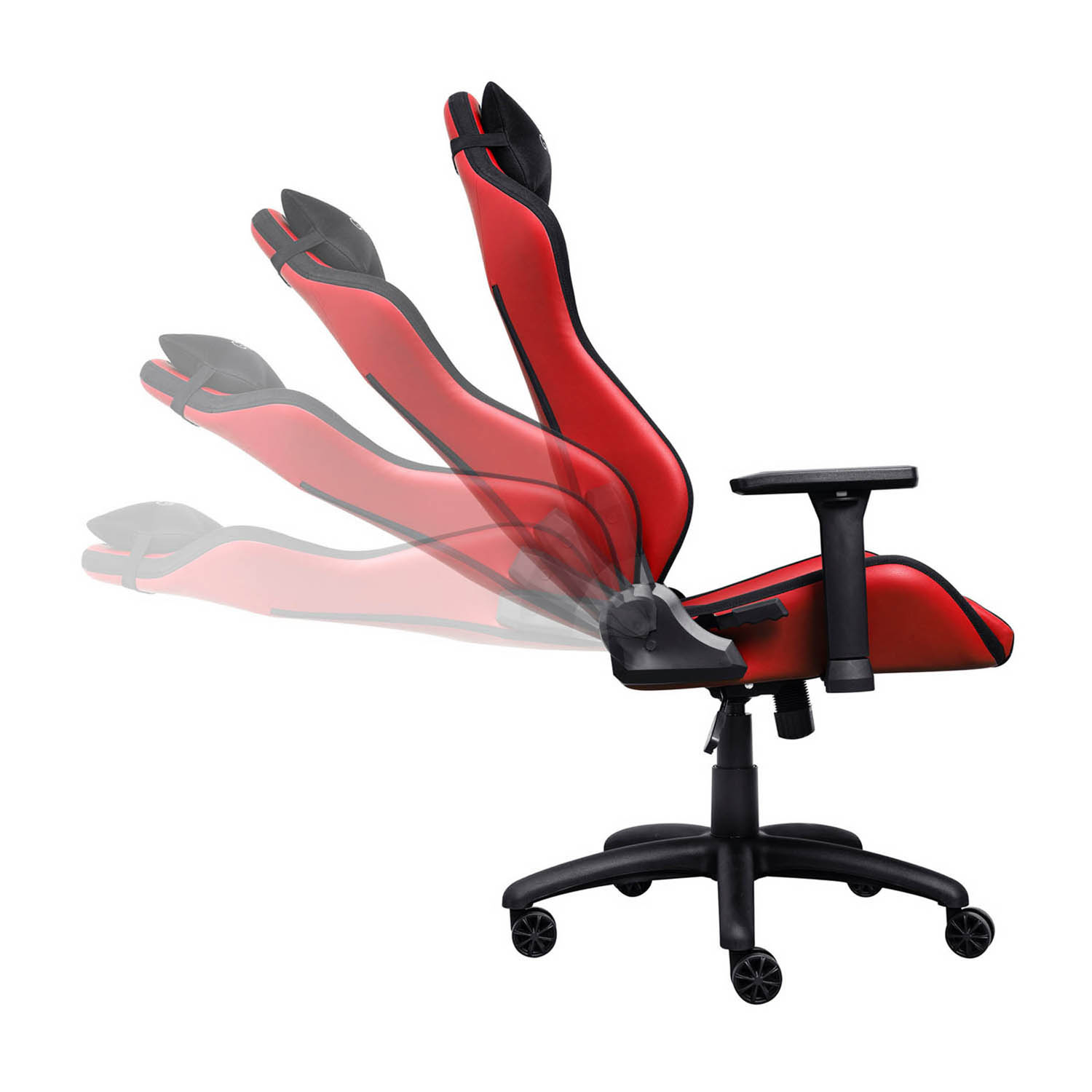Sedia da gaming rossa, regolabile, con diverse posizioni mostrate.