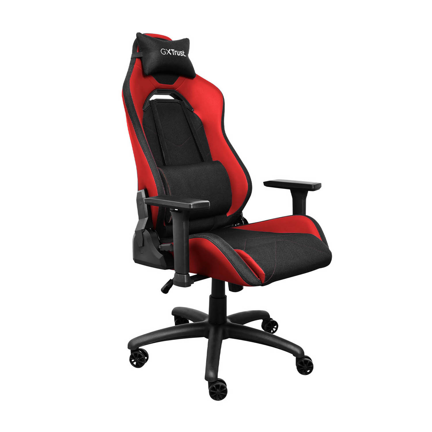 Sedia da gaming, rossa e nera. Ha un poggiatesta, supporto lombare, braccioli e una base a cinque stelle con ruote.