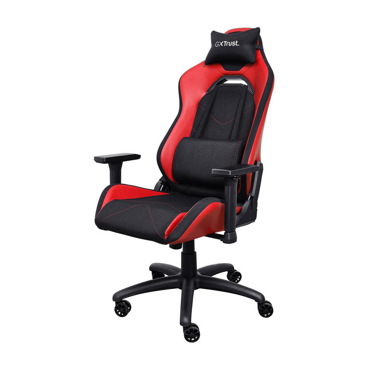 Una sedia da gioco rossa e nera con poggiatesta. È su uno sfondo bianco.