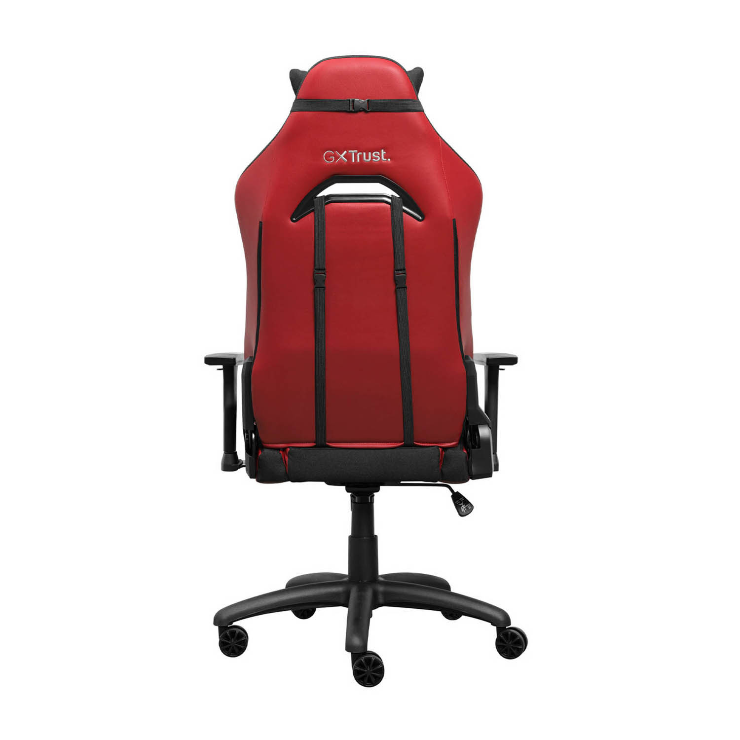 Sedia da gaming rossa e nera, vista posteriore. Con logo e ruote nere.