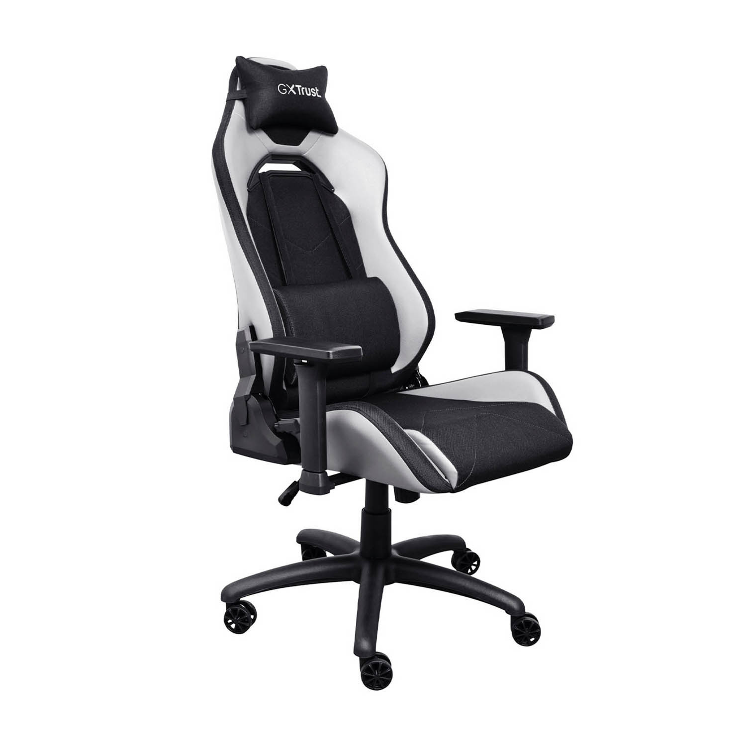 Una sedia da gioco bianca e nera con poggiatesta. È su uno sfondo bianco.