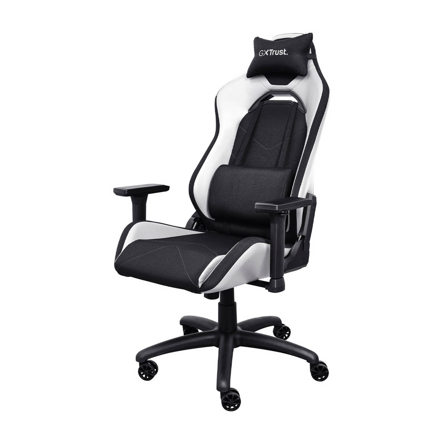 Sedia da gaming bianca e nera con poggiatesta e braccioli, su sfondo bianco.