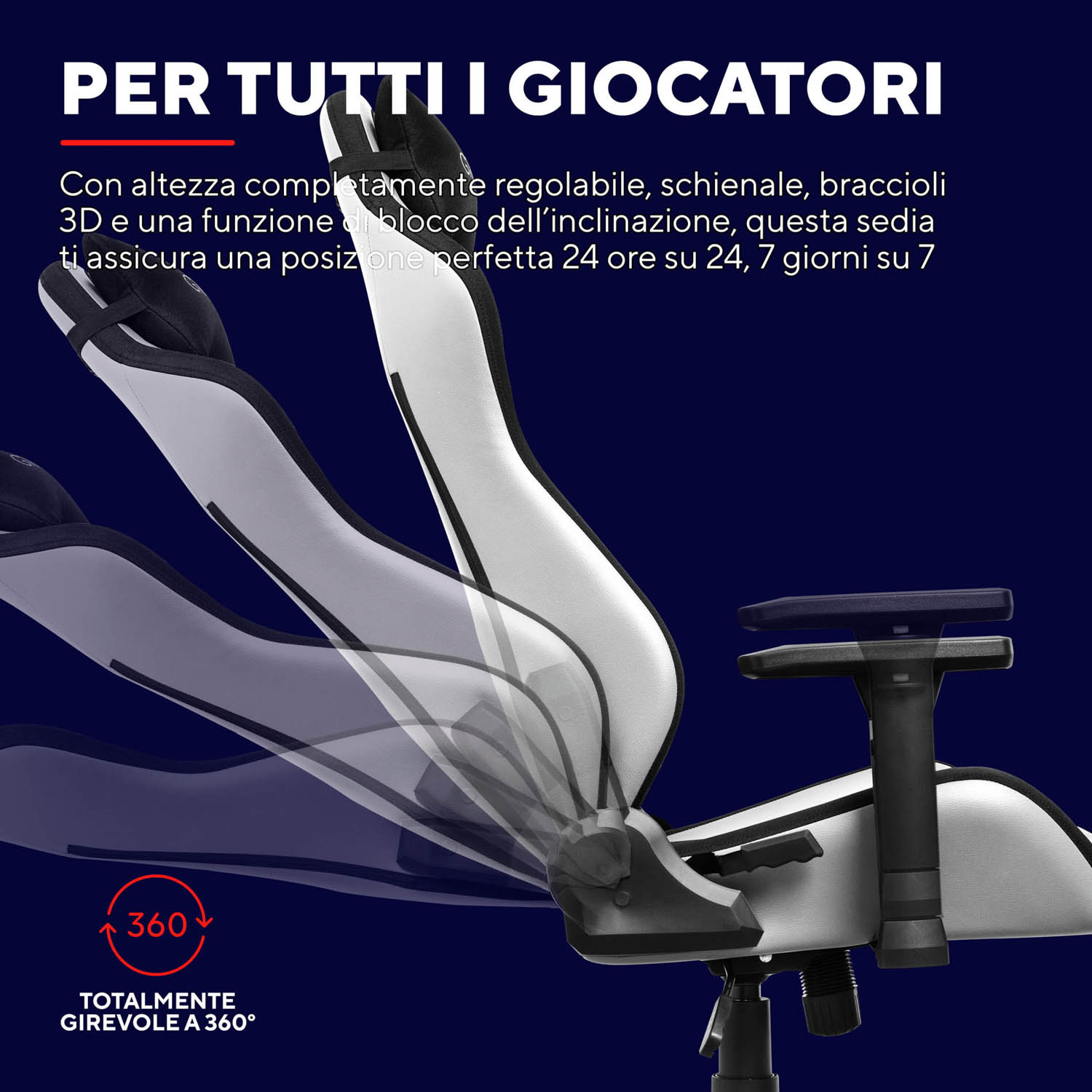 Una sedia da gioco in bianco e nero con testo. La sedia può ruotare di 360 gradi.