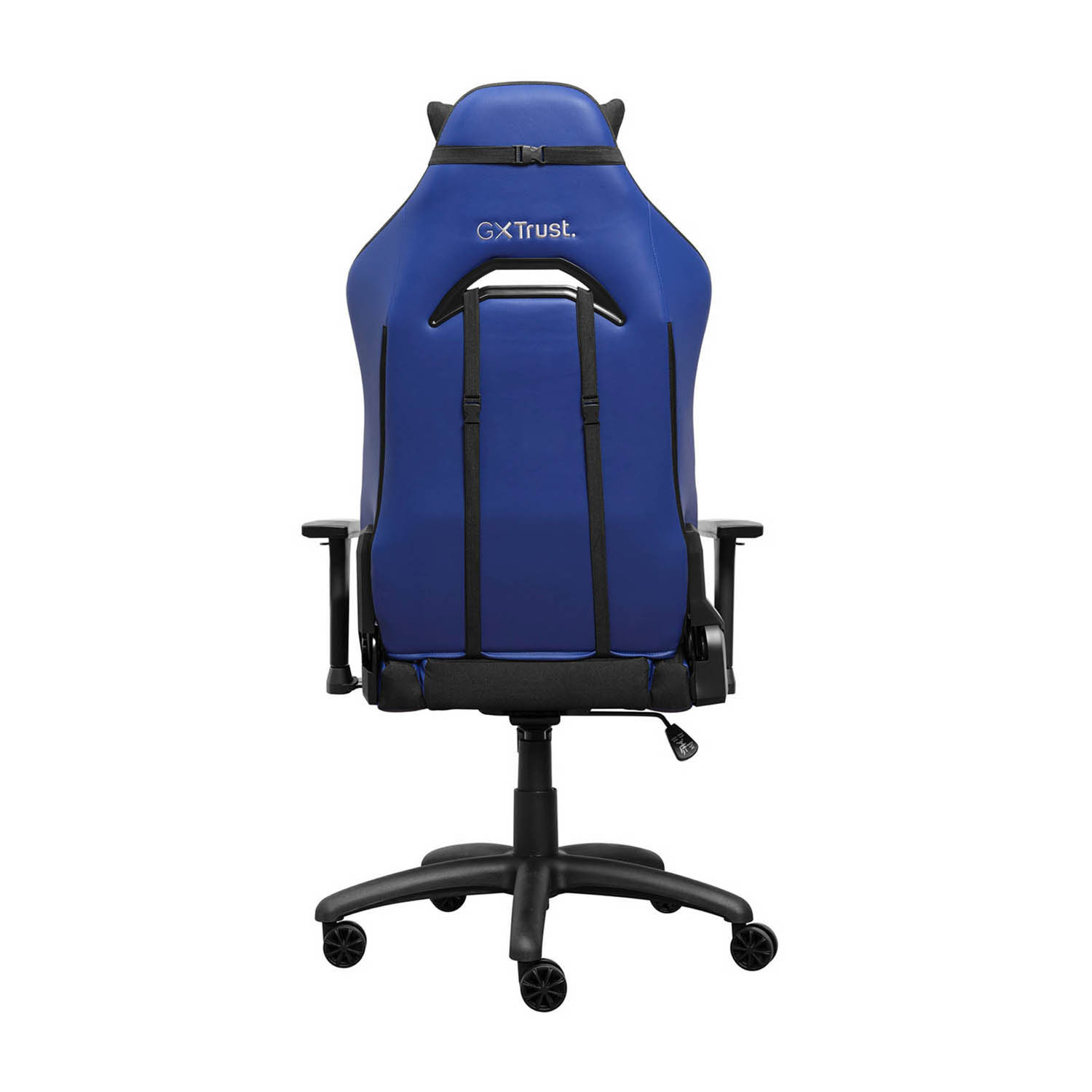 Vista posteriore di una sedia da gioco blu e nera con base e ruote nere.