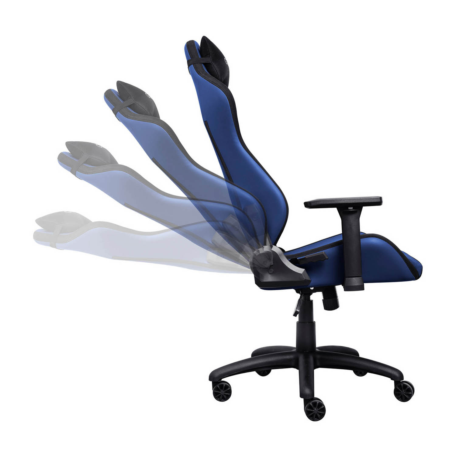 Sedia da gaming blu che mostra diverse posizioni.
