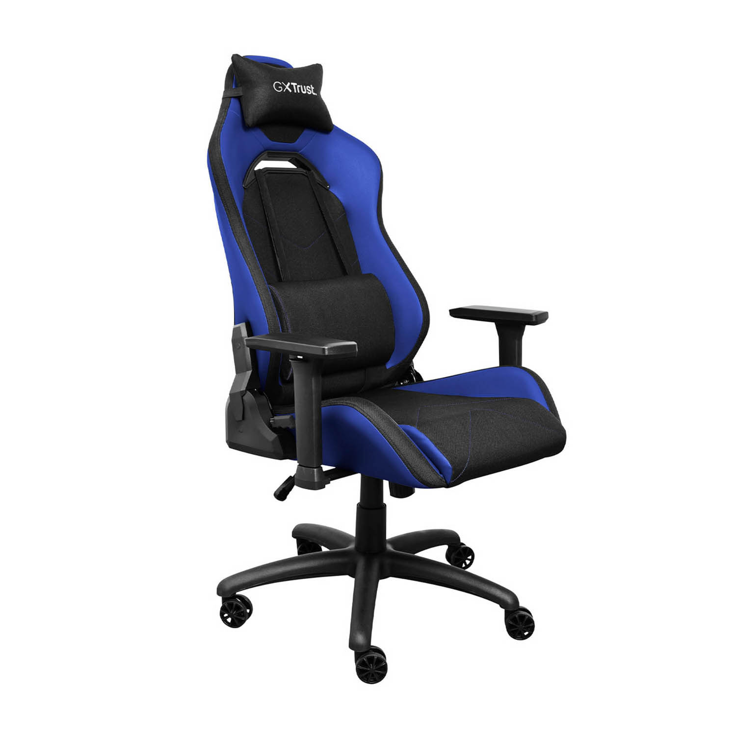 Sedia da gaming blu e nera con poggiatesta e braccioli.
