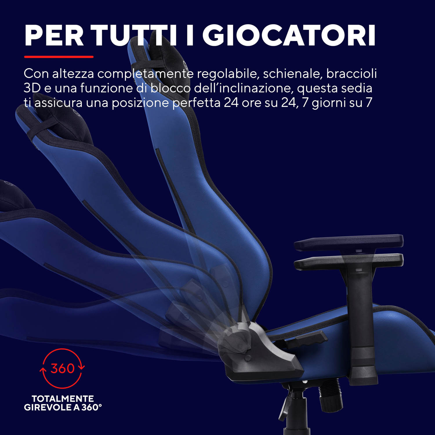 Sedia da gaming blu con funzioni girevoli e reclinabili. Sovrapposizione di testo. Sfondo blu scuro.
