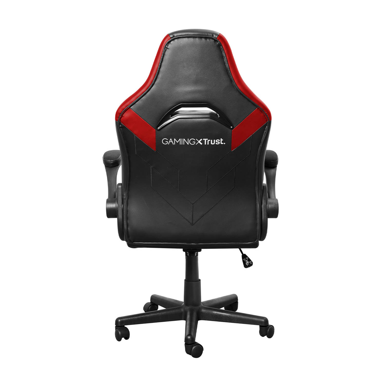 Sedia da gaming. Sedia nera con dettagli rossi e il logo GamingXTrust sul retro.