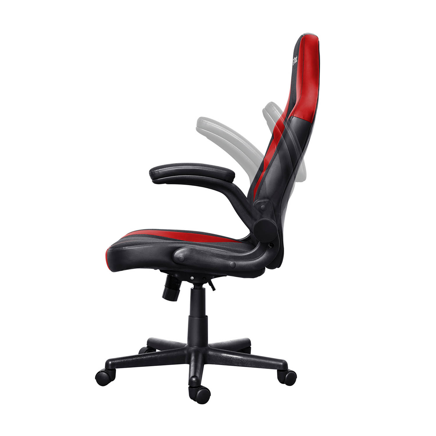 Sedia da gaming rossa e nera. Il bracciolo si muove. Base nera con ruote. Sfondo bianco.