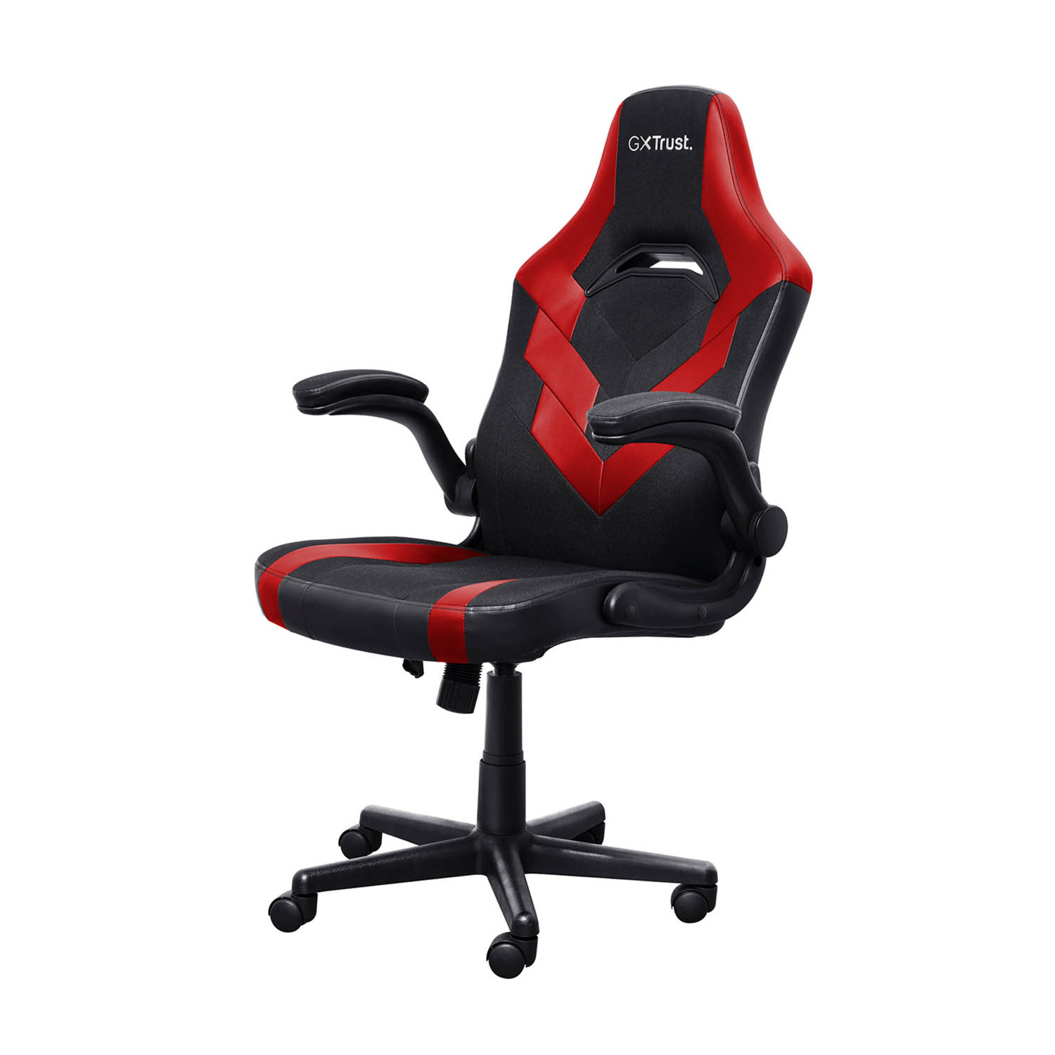 Sedia da gaming, nera e rossa. La sedia ha braccioli e ruote. Sfondo bianco.