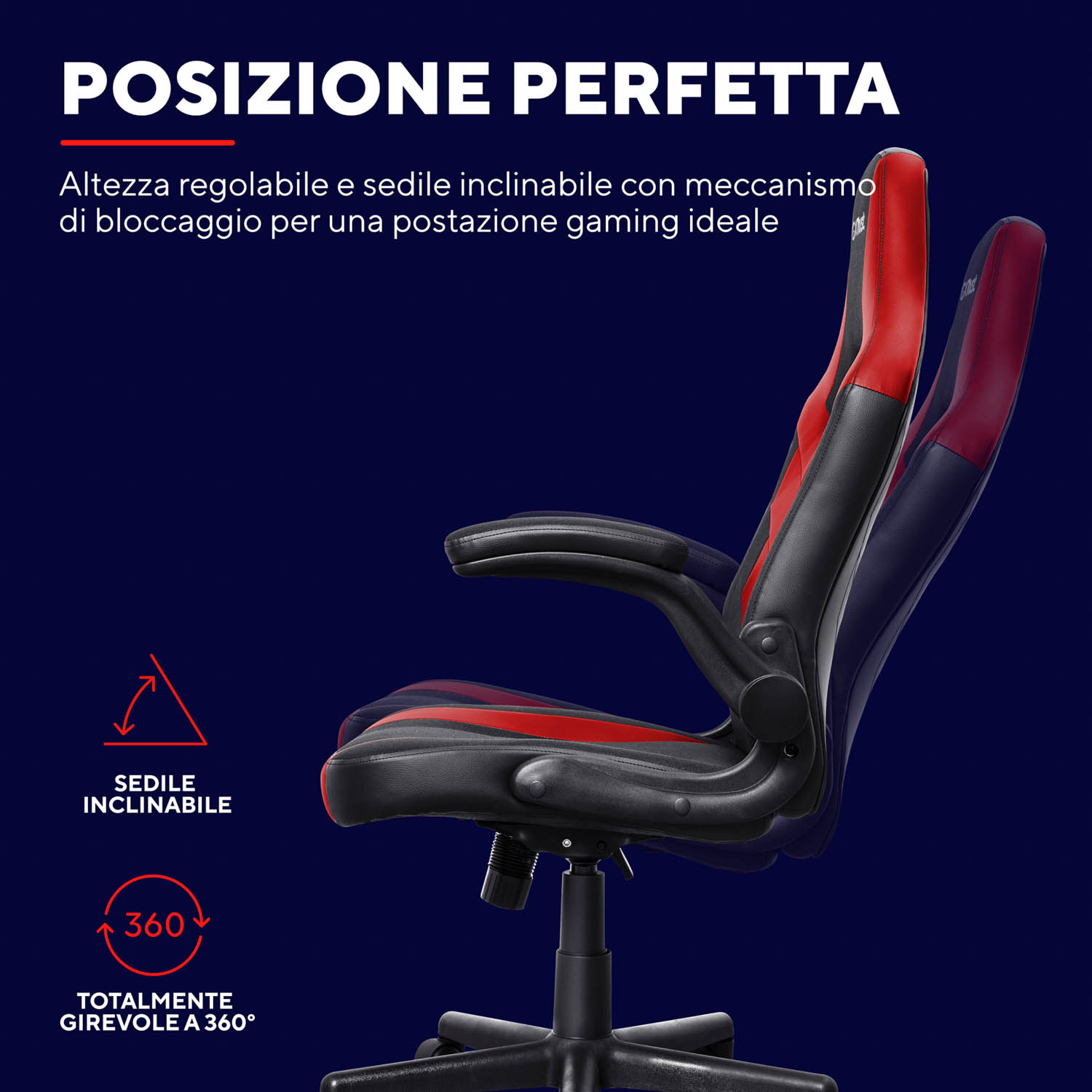 Sedia da gaming con design rosso e nero, schienale regolabile e rotazione a 360 gradi.